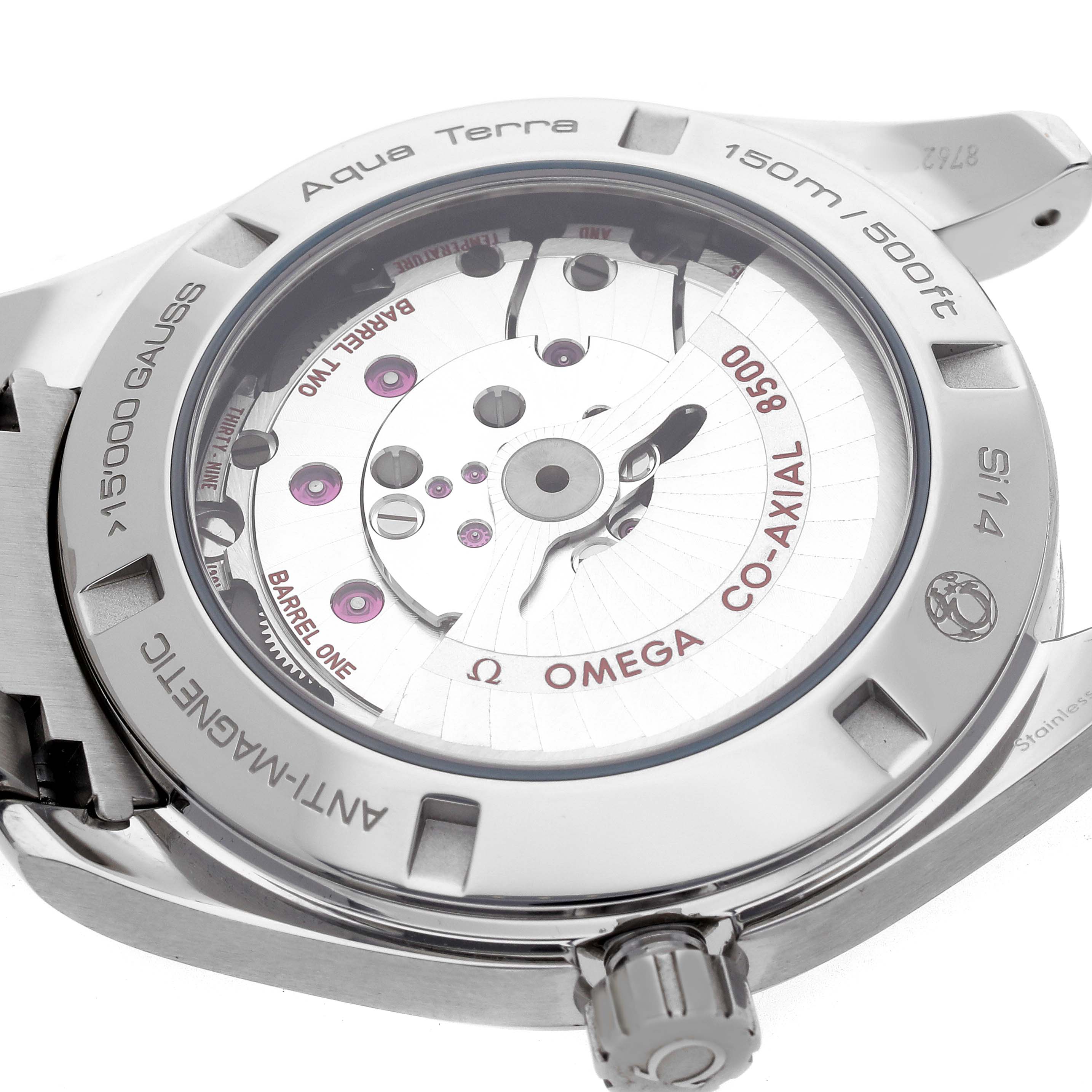 The image shows the back of the Omega Aqua Terra 231.10.42.21.02.004 Men's Stainless Steel Silver Dial watch, displaying its co-axial movement and clear case back.