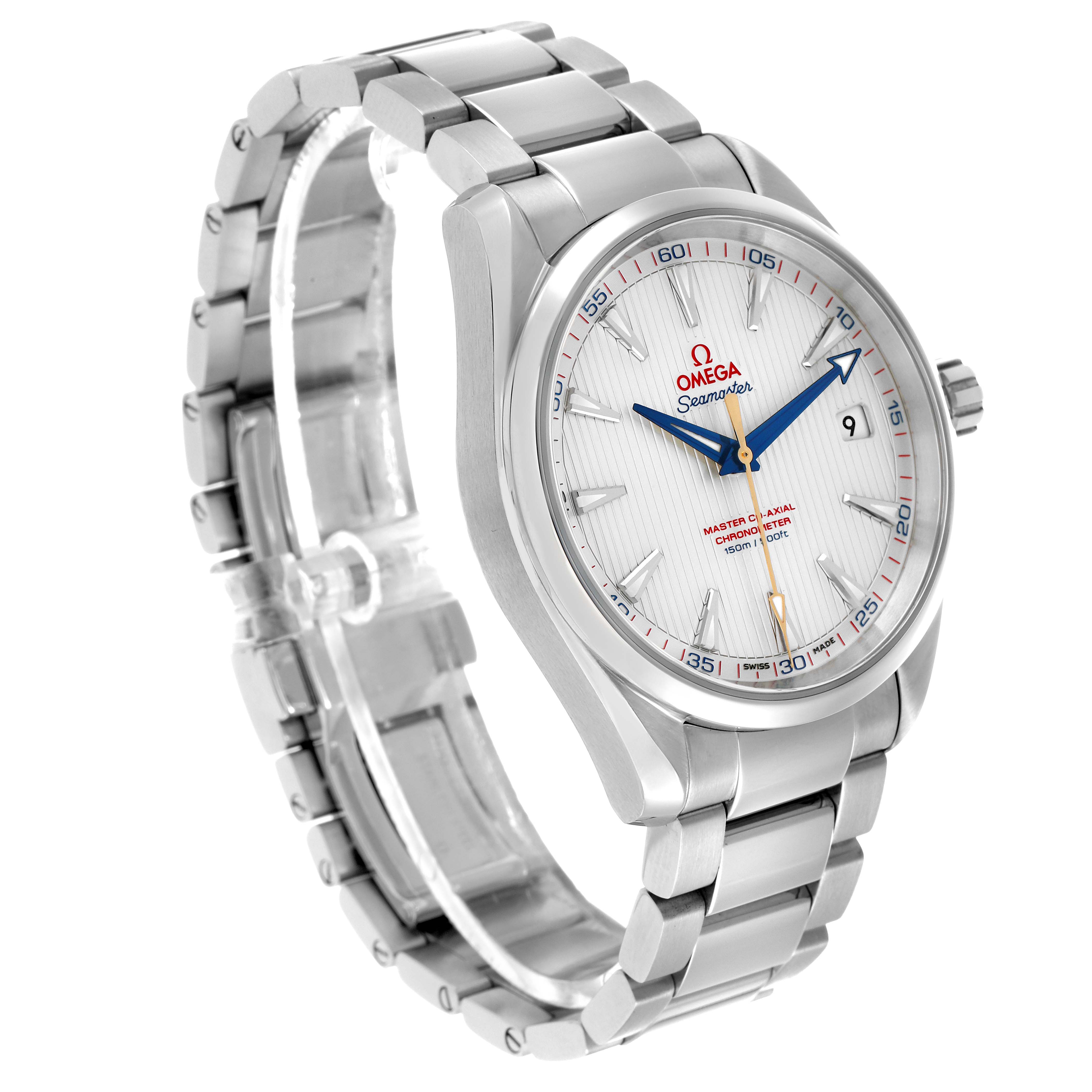 The Omega Aqua Terra 231.10.42.21.02.004 Men's Stainless Steel Silver Dial watch is shown at a three-quarter angle, highlighting its dial, bezel, and bracelet.