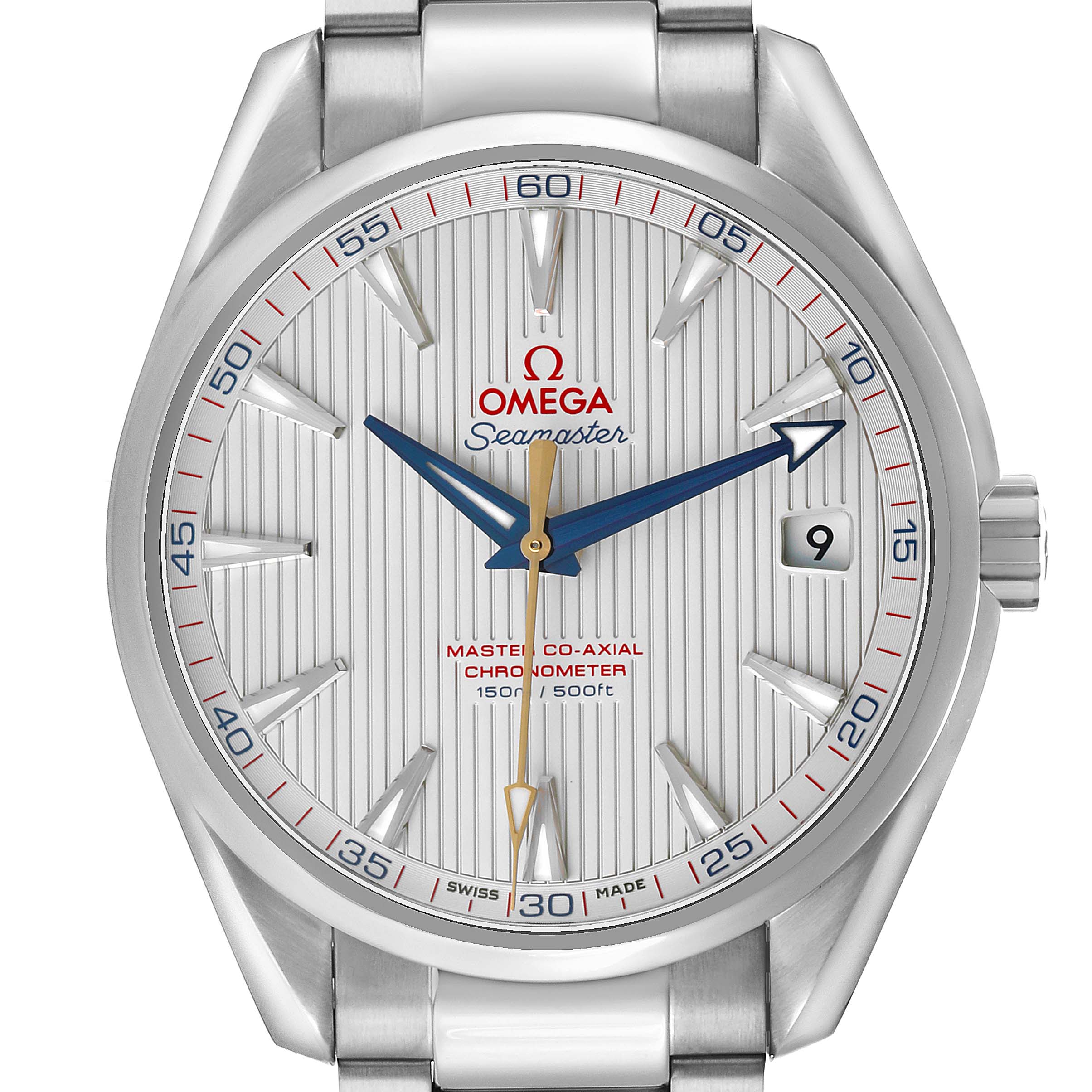 The Omega Aqua Terra 231.10.42.21.02.004 Men's Stainless Steel Silver Dial watch is shown from a front angle, highlighting the dial, hands, date window, and part of the bracelet.