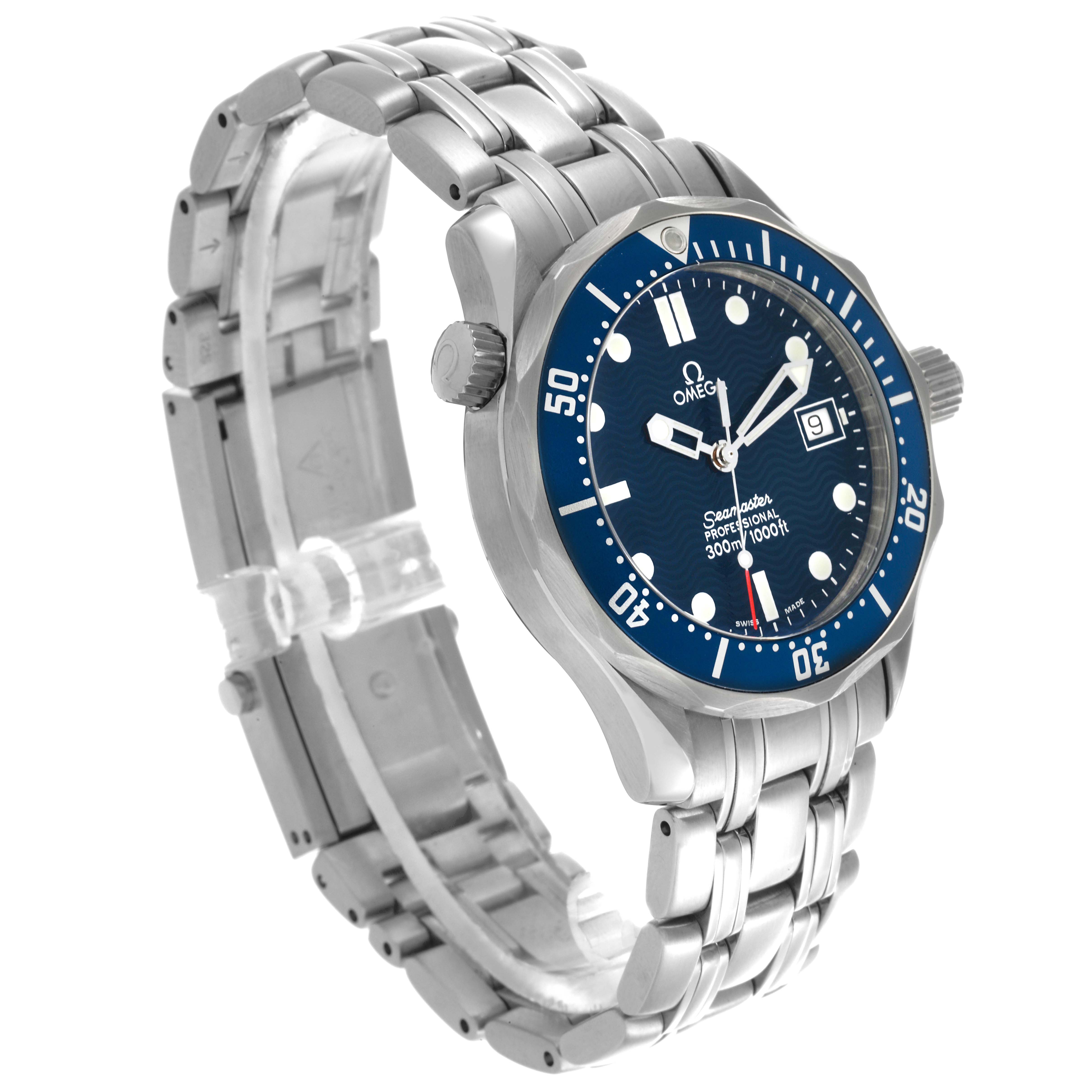 The Omega Seamaster 2561.80.00 Men's Stainless Steel Blue Dial 2561.80.00 Men's Stainless Steel Blue Dial watch is shown from a side angle, displaying its dial, bezel, bracelet, and crown.