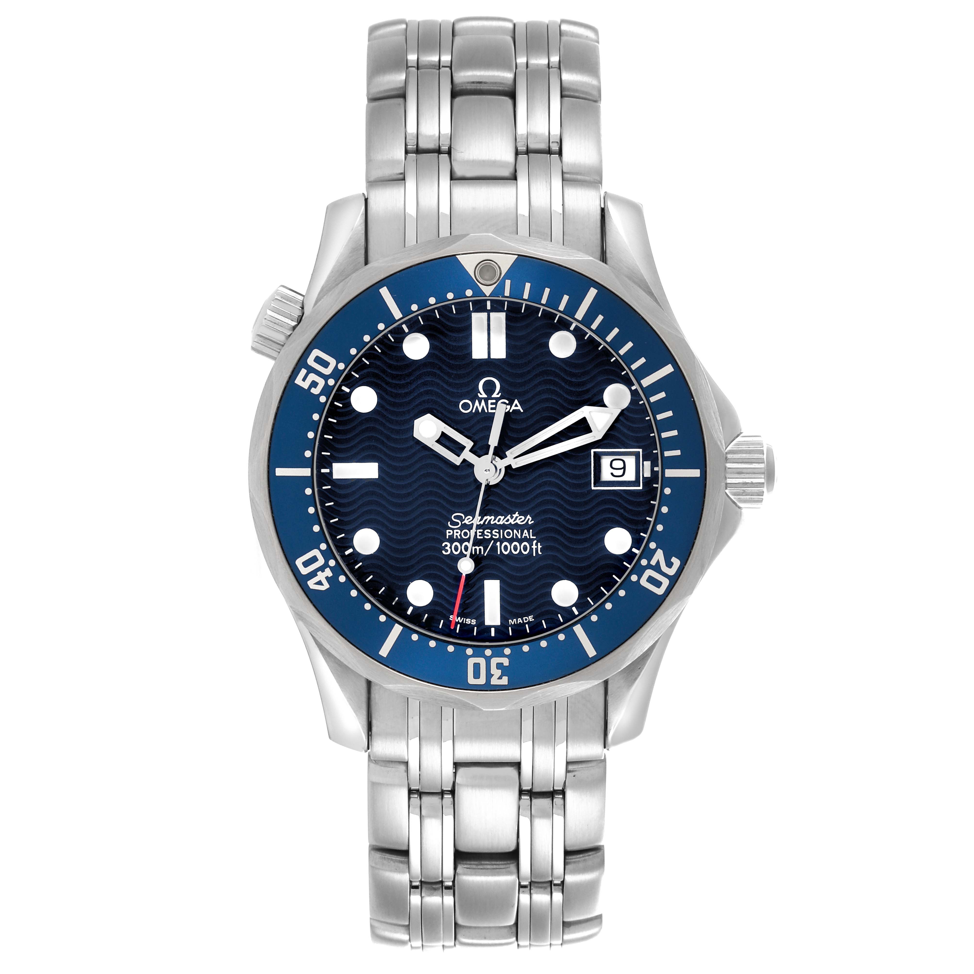 The Omega Seamaster 2561.80.00 Men's Stainless Steel Blue Dial 2561.80.00 Men's Stainless Steel Blue Dial watch is shown from the front, displaying its face, bezel, and part of the metal bracelet.