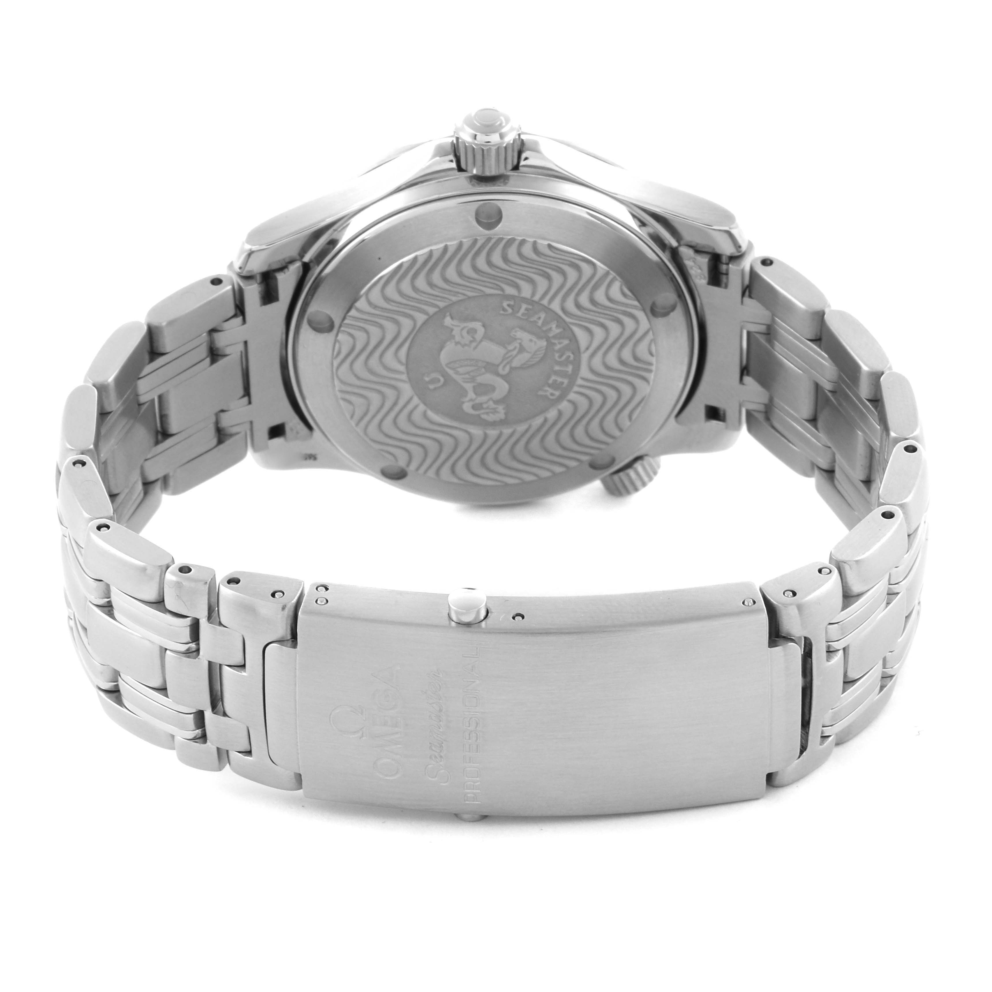 The image shows the back and bracelet of an Omega Seamaster 2561.80.00 Men's Stainless Steel Blue Dial 2561.80.00 Men's Stainless Steel Blue Dial watch, highlighting its clasp and case back.