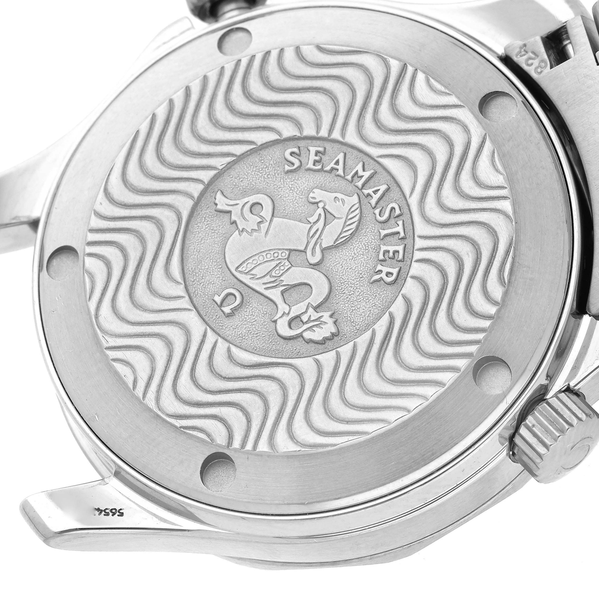 The image shows the back case of the Omega Seamaster 2561.80.00 Men's Stainless Steel Blue Dial 2561.80.00 Men's Stainless Steel Blue Dial watch, focusing on its engraved design and logo.