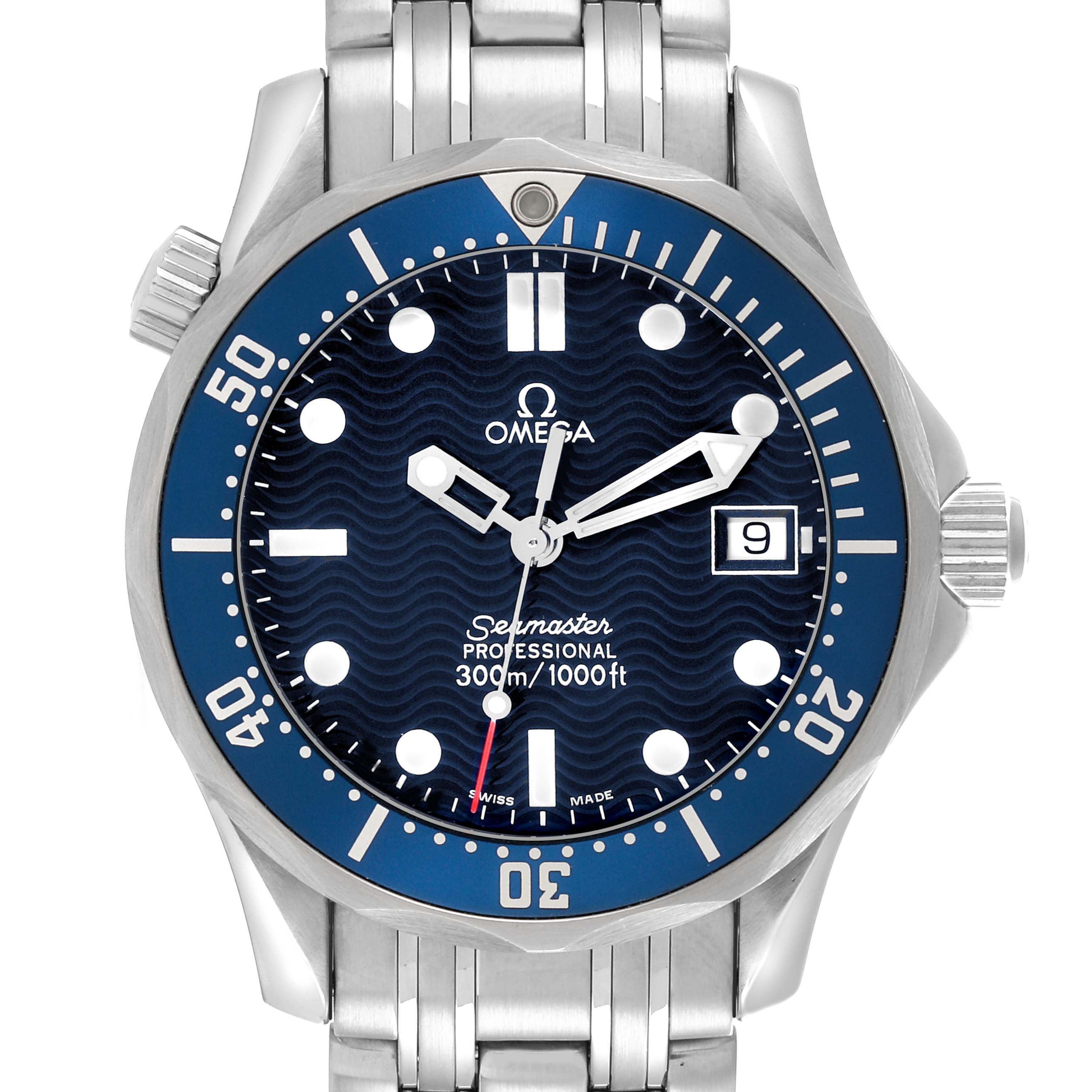 The Omega Seamaster 2561.80.00 Men's Stainless Steel Blue Dial 2561.80.00 Men's Stainless Steel Blue Dial watch is shown from the front, displaying the face, bezel, crown, and part of the bracelet.