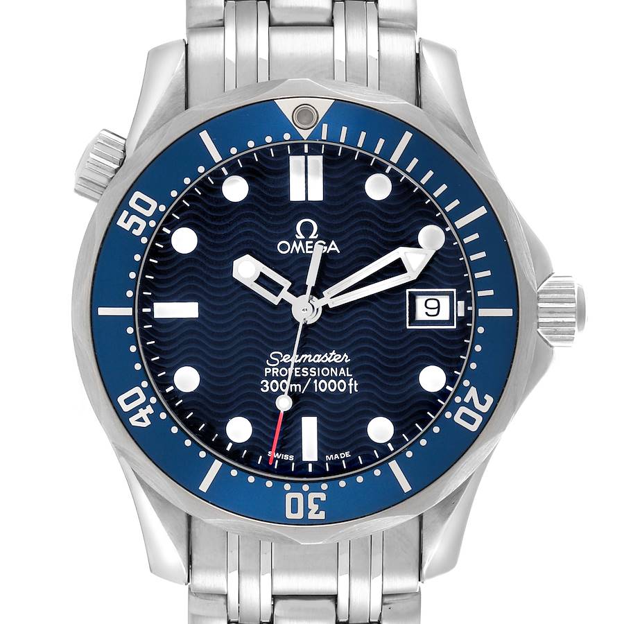 The Omega Seamaster watch is shown from the front, displaying the face, bezel, crown, and part of the bracelet.