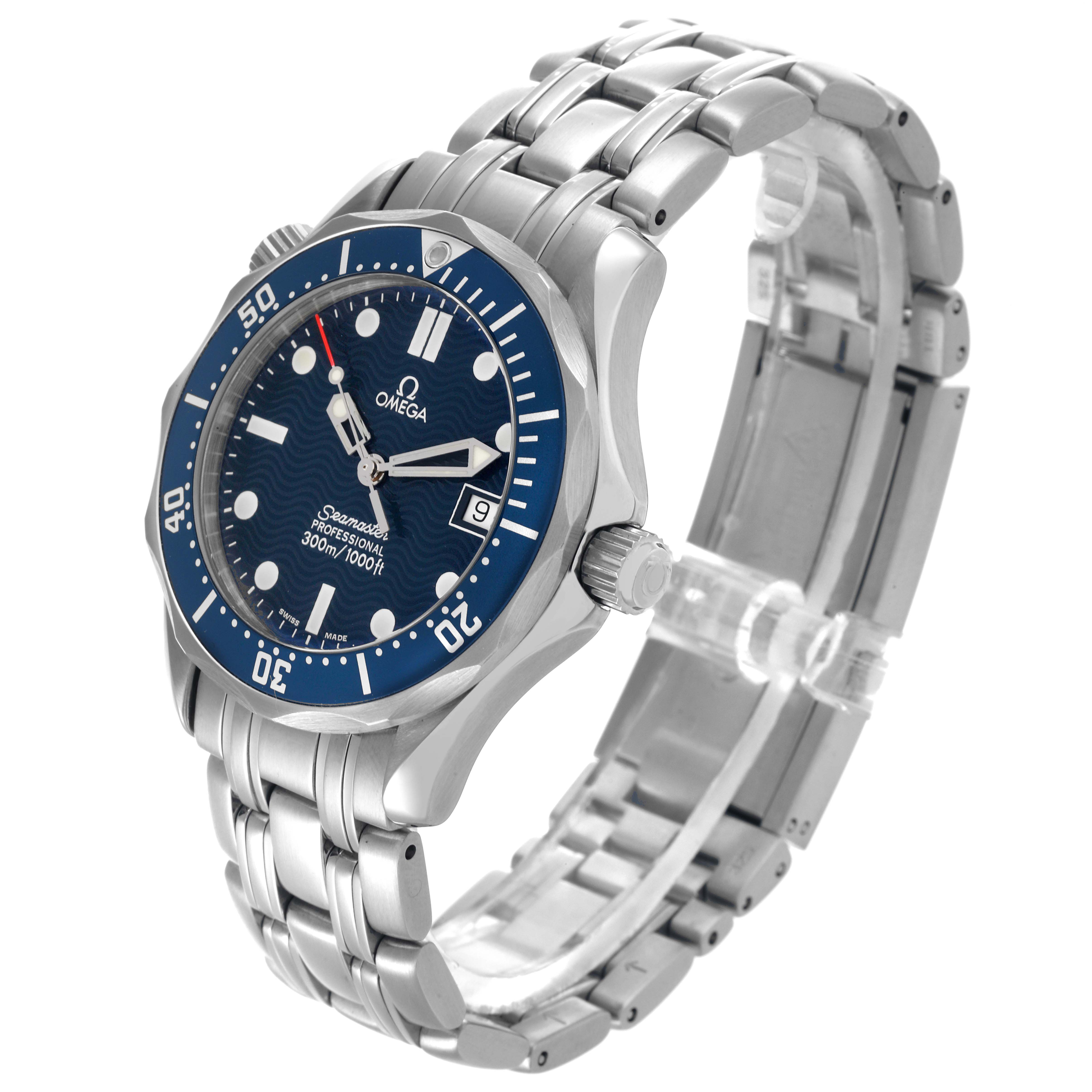 The Omega Seamaster 2561.80.00 Men's Stainless Steel Blue Dial 2561.80.00 Men's Stainless Steel Blue Dial watch is shown at a slight angle, displaying the face, bezel, bracelet, and crown.
