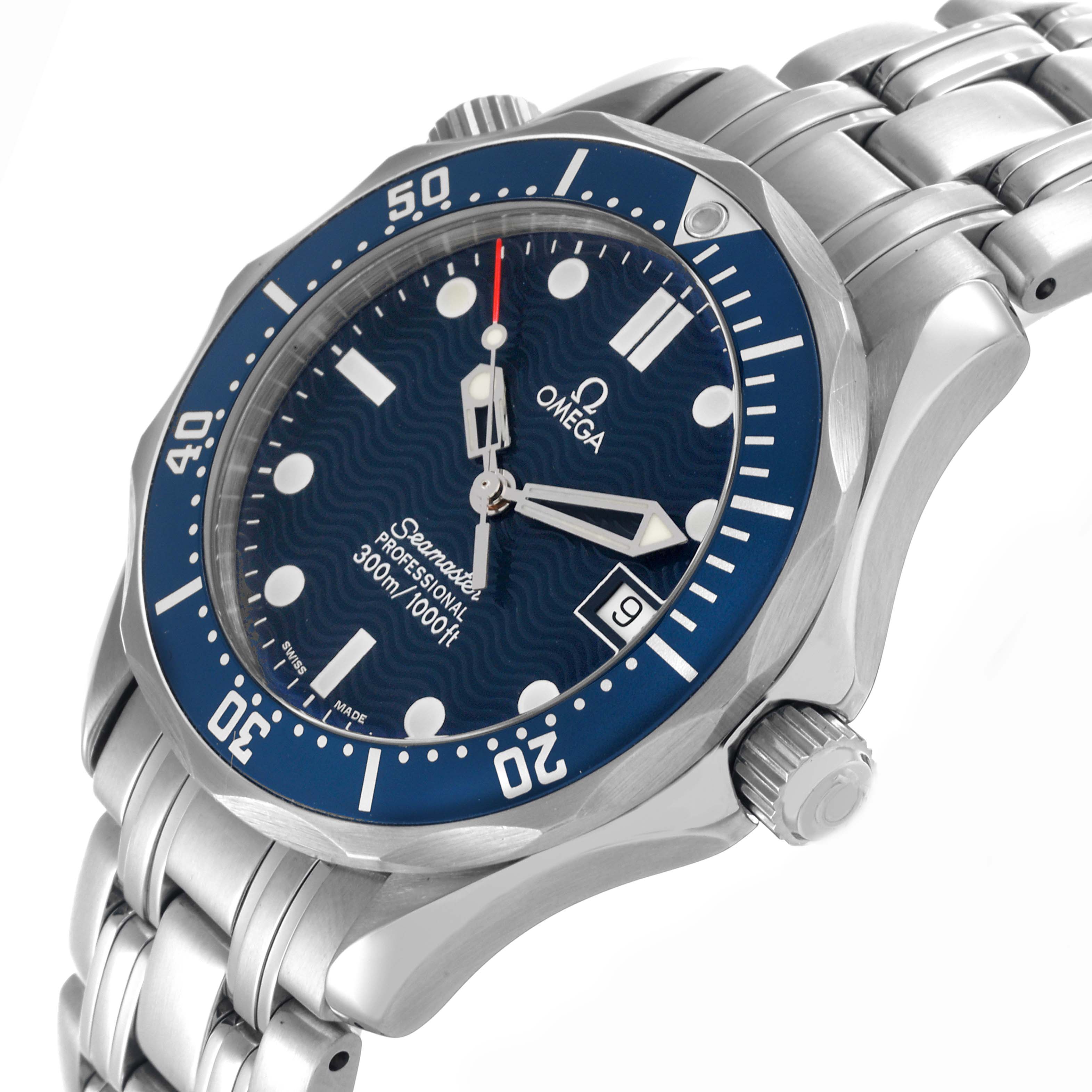 The Omega Seamaster 2561.80.00 Men's Stainless Steel Blue Dial 2561.80.00 Men's Stainless Steel Blue Dial watch is shown at an angled view, highlighting the dial, bezel, crown, and part of the bracelet.