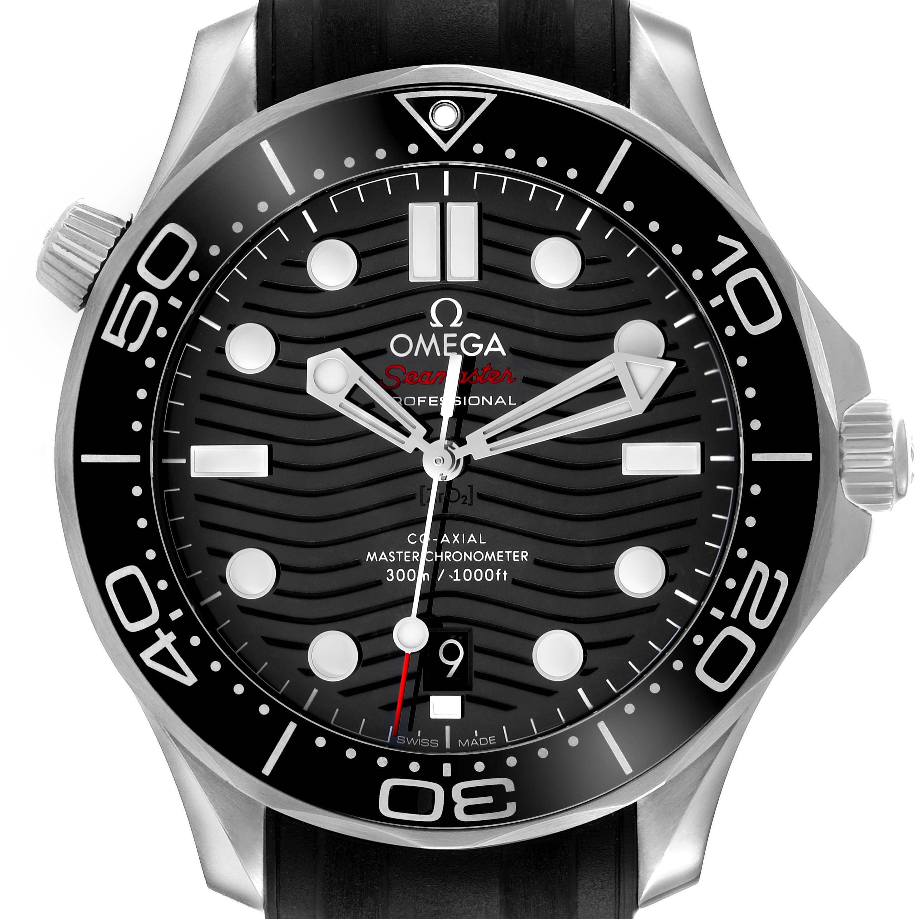 The Omega Seamaster 210.32.42.20.01.001 Men's Stainless Steel Black Dial watch is shown in a front view, highlighting the face, bezel, and crown.