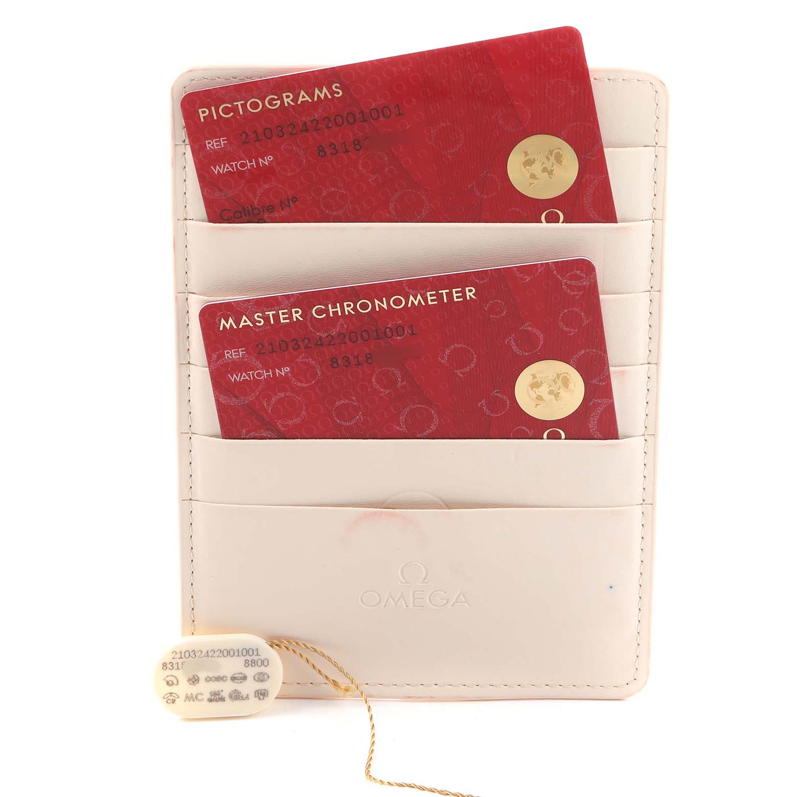 The image shows Omega Seamaster 210.32.42.20.01.001 Men's Stainless Steel Black Dial model cardholder with pictogram and master chronometer cards, plus a swing tag.