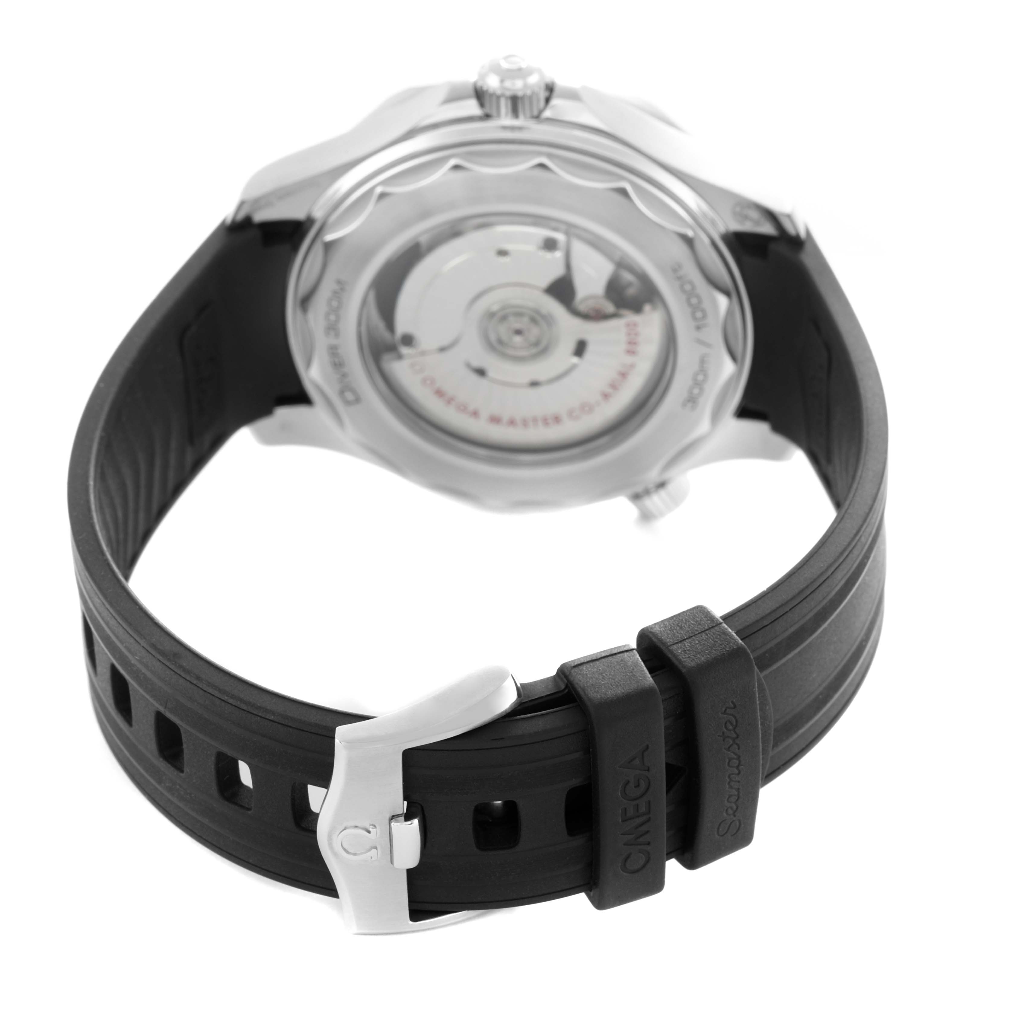 The Omega Seamaster 210.32.42.20.01.001 Men's Stainless Steel Black Dial watch is shown from the back, highlighting the case back, movement, and rubber strap with branding.