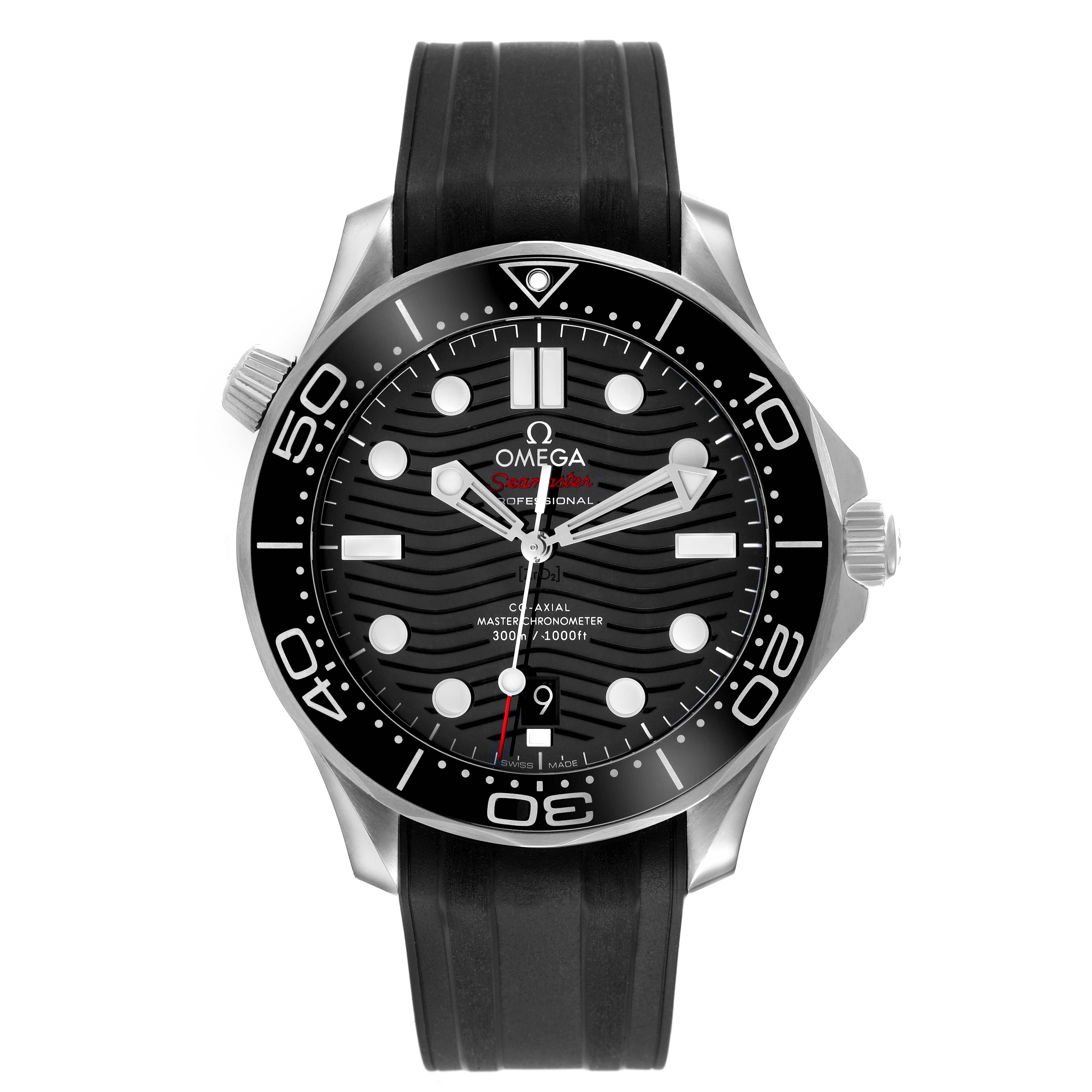 The Omega Seamaster 210.32.42.20.01.001 Men's Stainless Steel Black Dial is shown from a front angle, displaying its dial, bezel, and rubber strap clearly.