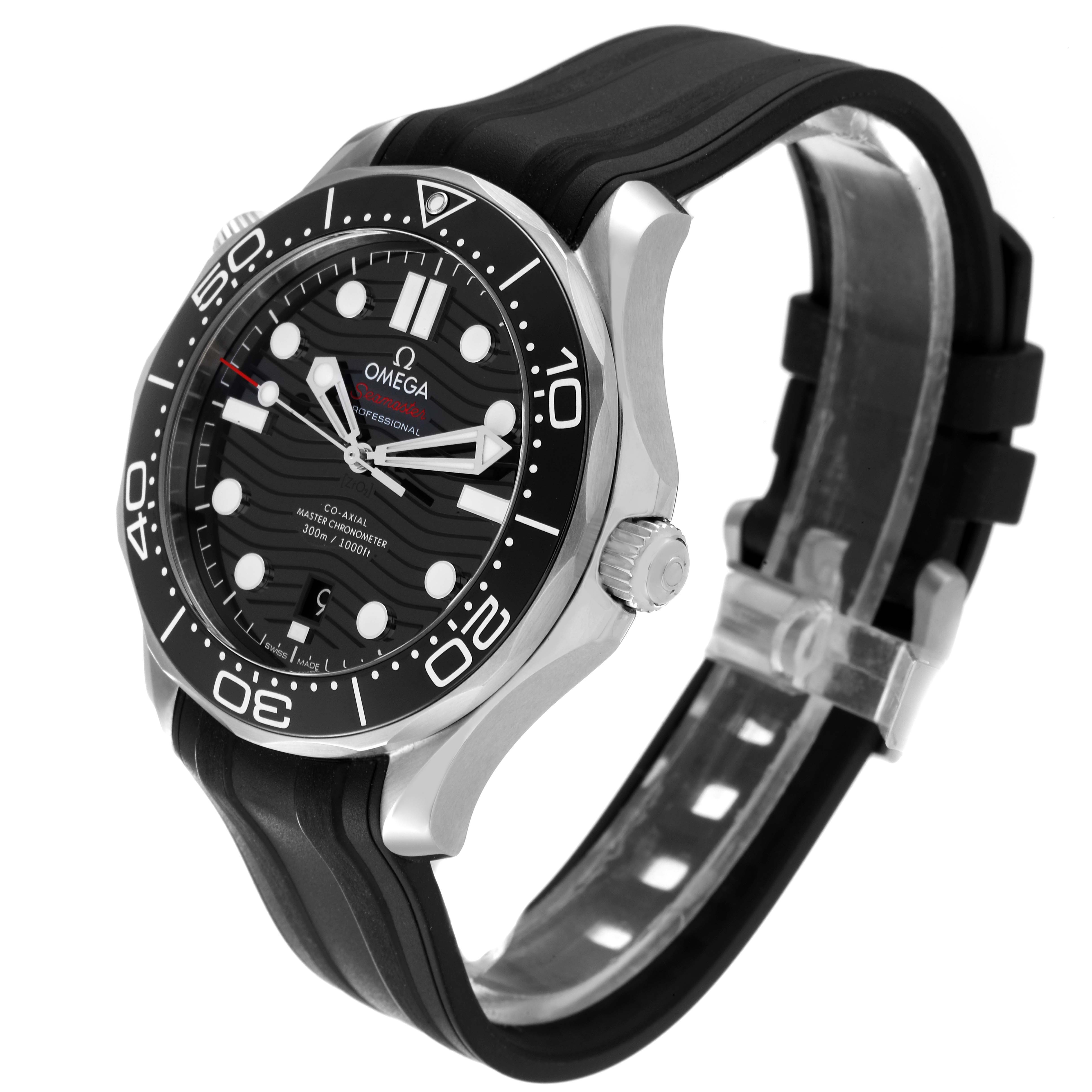 The Omega Seamaster 210.32.42.20.01.001 Men's Stainless Steel Black Dial watch is shown at a slight angle, displaying the face, bezel, crown, and part of the rubber strap.