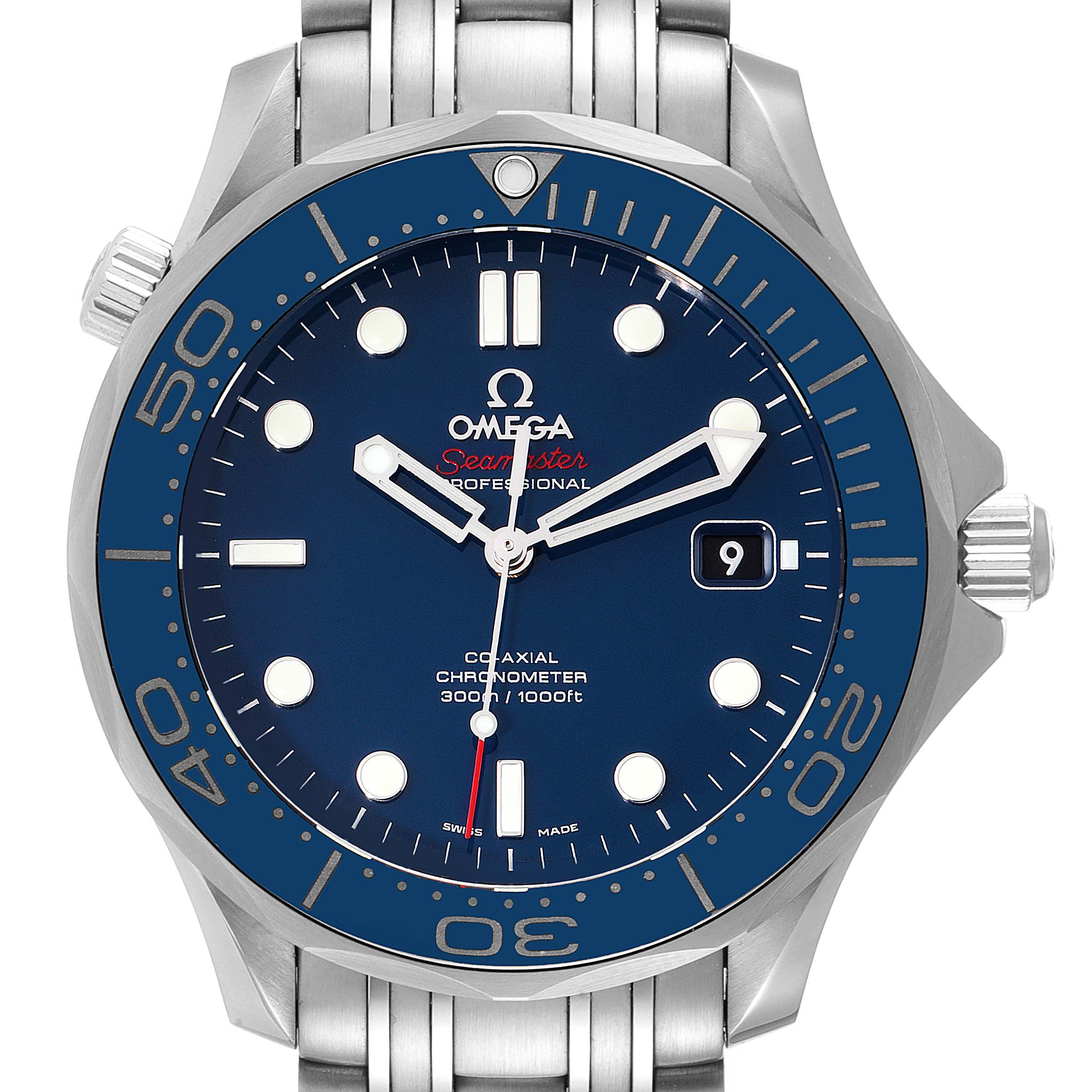 This Omega Seamaster 212.30.41.20.03.001 Men's Stainless Steel Blue Dial 212.30.41.20.03.001 Men's Stainless Steel Blue Dial watch is shown from the front, highlighting its blue dial, bezel, and stainless steel bracelet.