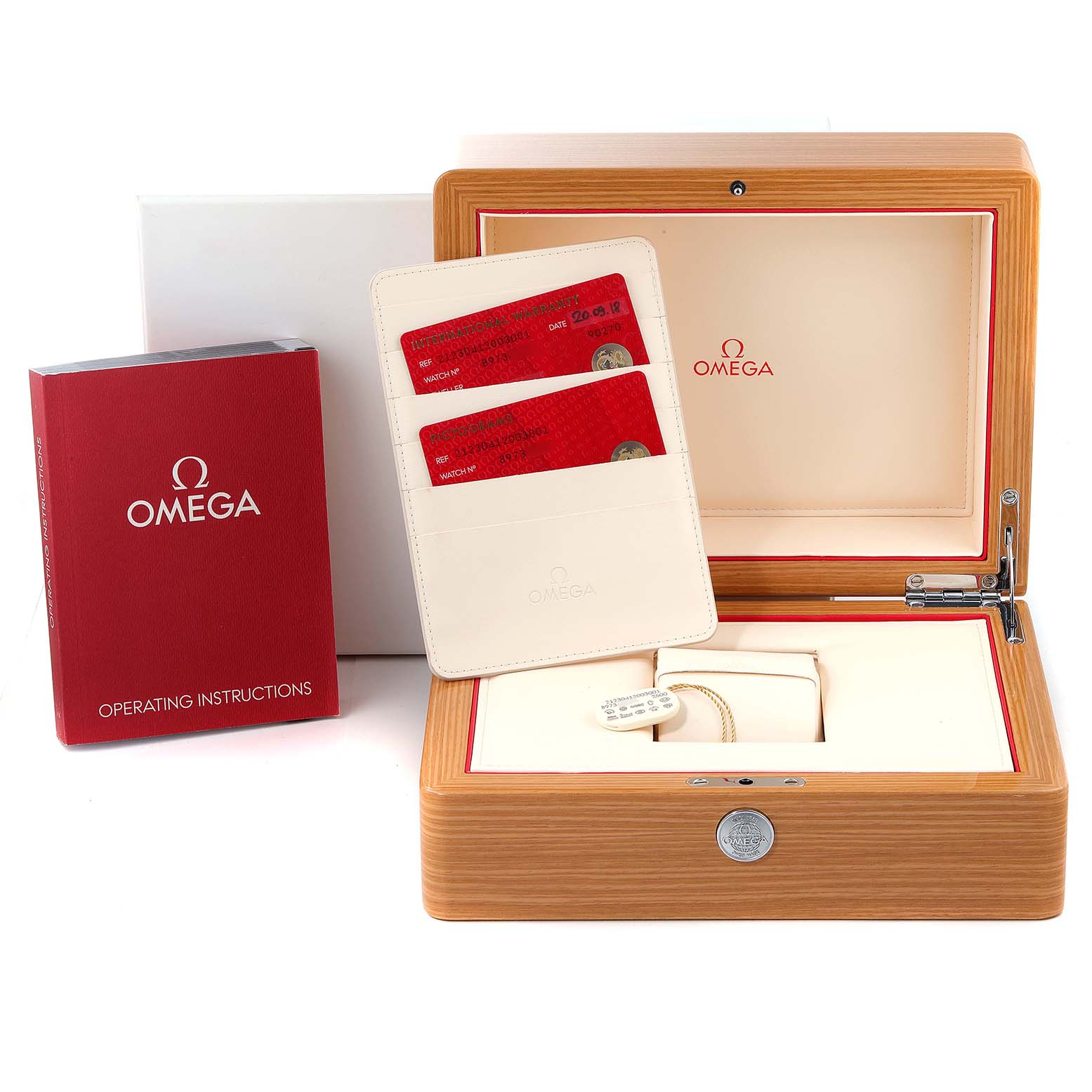 The image shows an Omega Seamaster 212.30.41.20.03.001 Men's Stainless Steel Blue Dial 212.30.41.20.03.001 Men's Stainless Steel Blue Dial watch box, operating instructions, and certification cards.