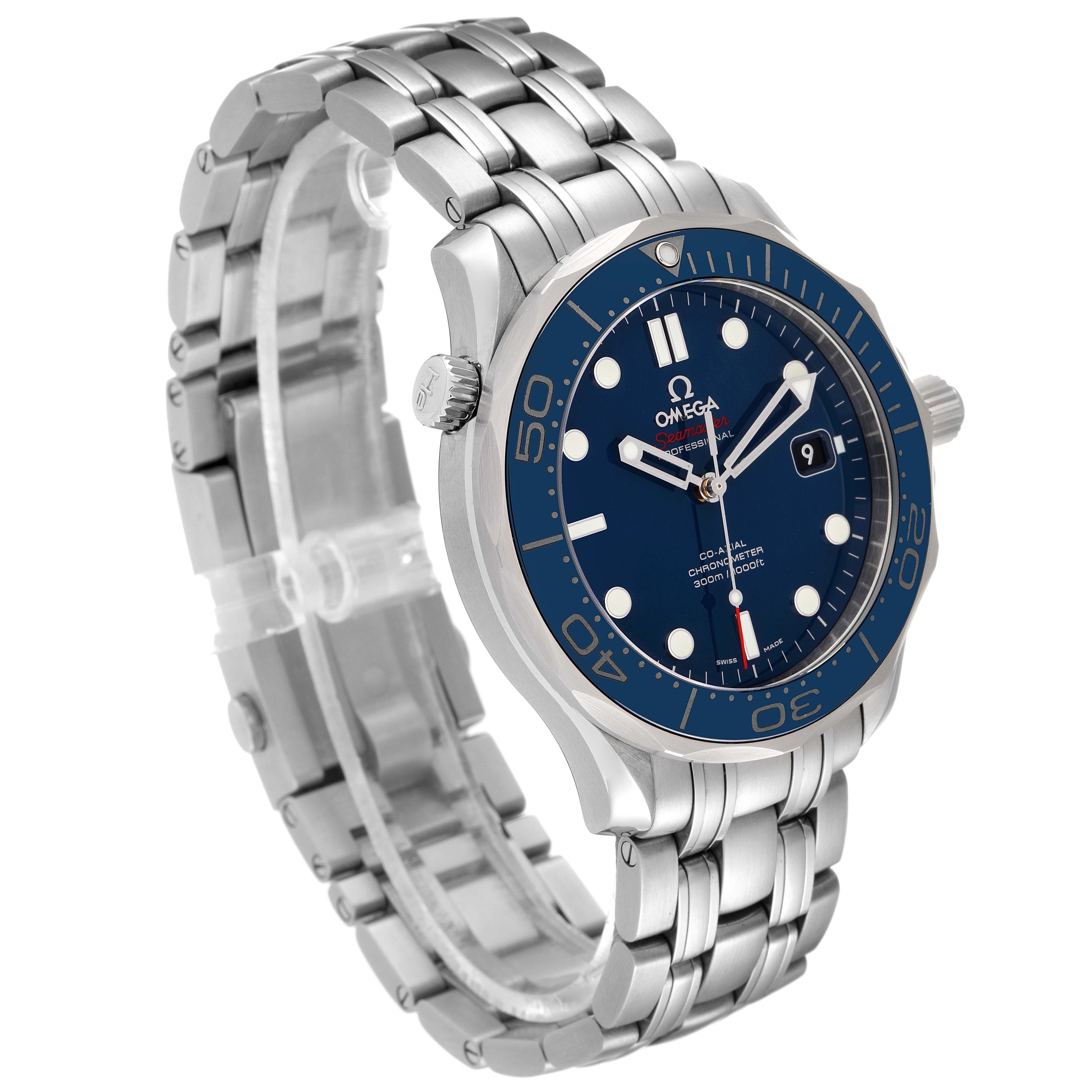 This image shows an Omega Seamaster 212.30.41.20.03.001 Men's Stainless Steel Blue Dial 212.30.41.20.03.001 Men's Stainless Steel Blue Dial watch angled from the left, highlighting its bracelet, bezel, and dial.