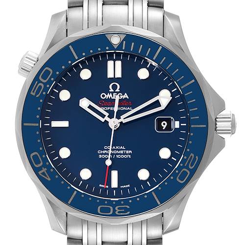 The image shows the front view of the Omega Seamaster watch, highlighting the dial, bezel, hands, and part of the bracelet.