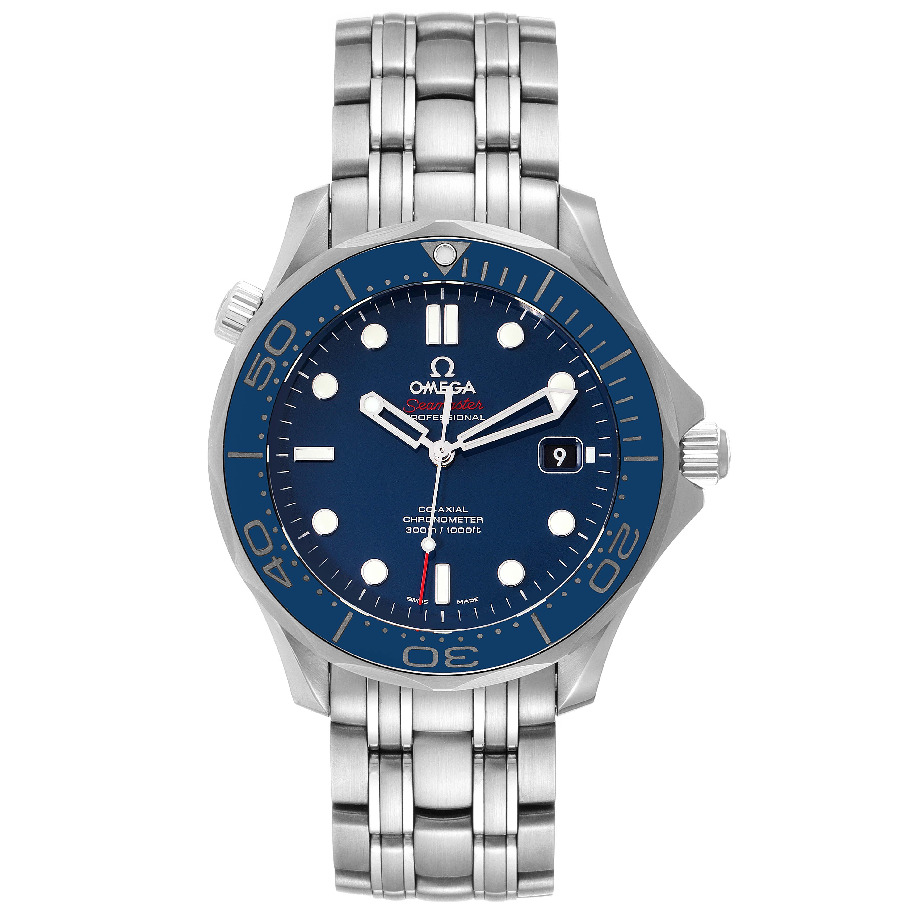 The image shows the front view of an Omega Seamaster 212.30.41.20.03.001 Men's Stainless Steel Blue Dial 212.30.41.20.03.001 Men's Stainless Steel Blue Dial watch, displaying the face, bezel, and metal bracelet.