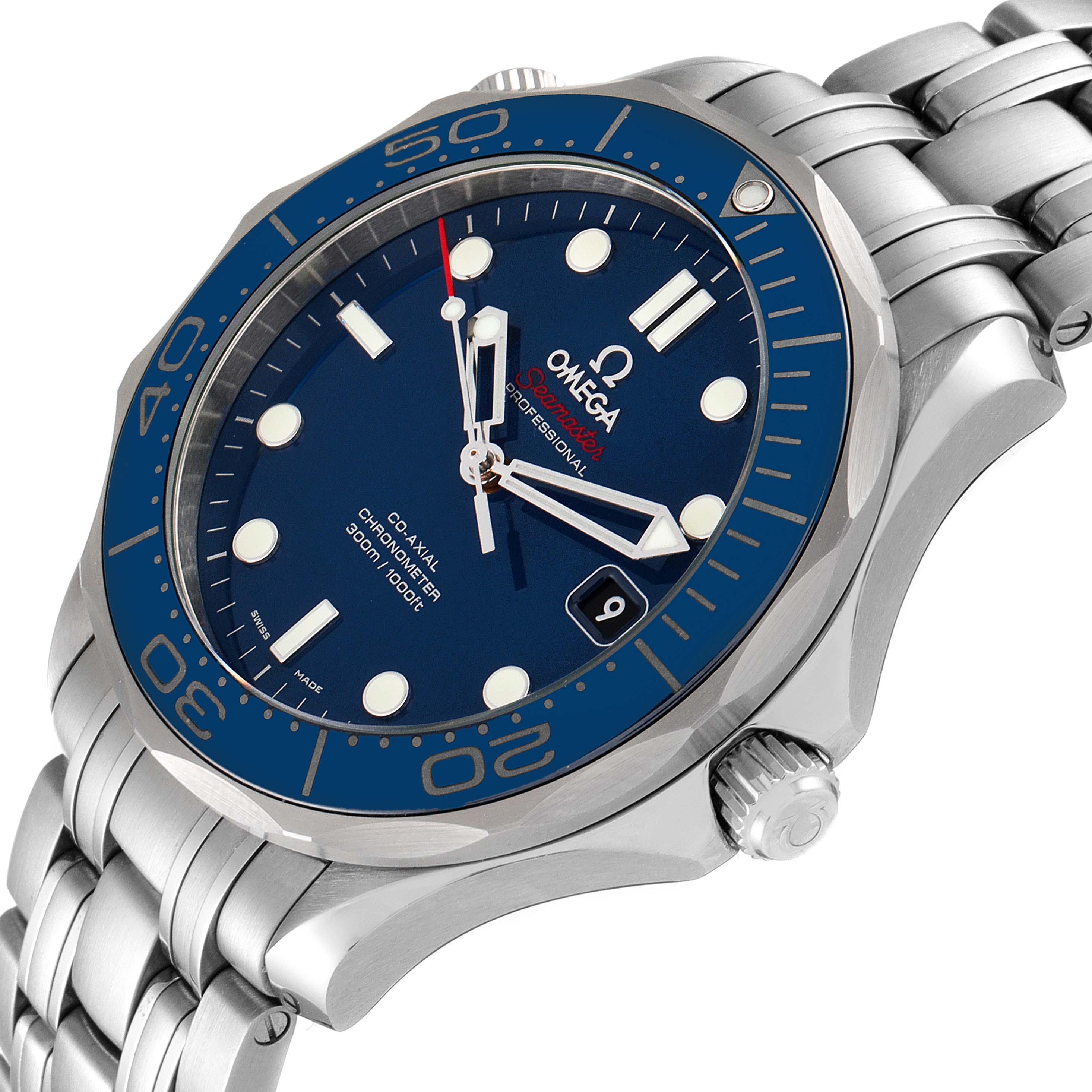 The Omega Seamaster 212.30.41.20.03.001 Men's Stainless Steel Blue Dial 212.30.41.20.03.001 Men's Stainless Steel Blue Dial watch is shown at an angled view, highlighting the face, bezel, crown, and bracelet.