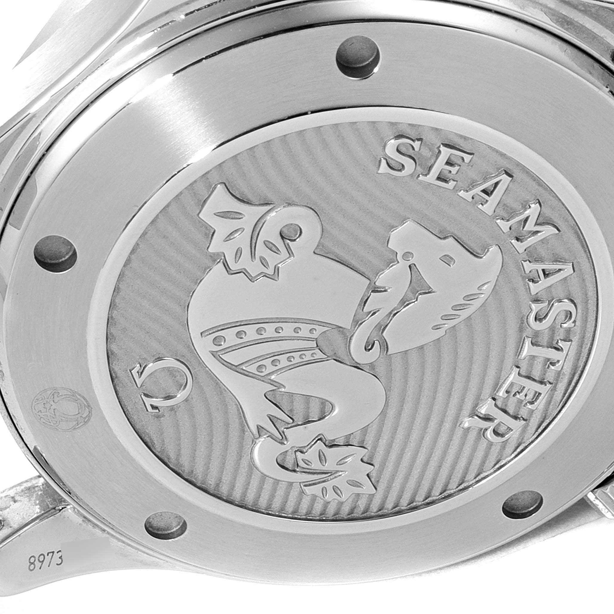 This image shows the case back of the Omega Seamaster 212.30.41.20.03.001 Men's Stainless Steel Blue Dial 212.30.41.20.03.001 Men's Stainless Steel Blue Dial watch, featuring the brand engravings and seahorse emblem.