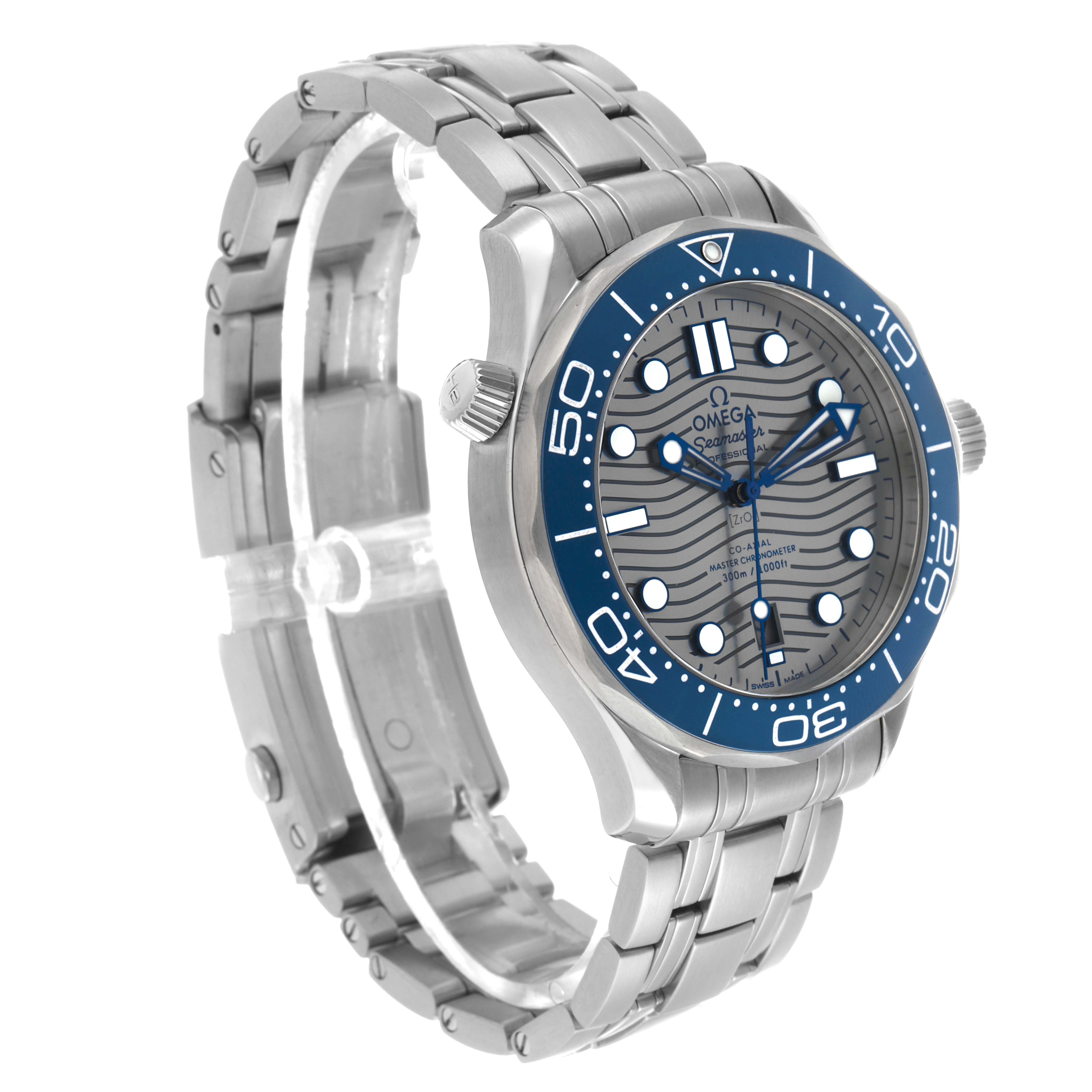 The Omega Seamaster 210.30.42.20.06.001 Men's Stainless Steel Grey Dial watch is shown at a three-quarter angle, displaying the face, bezel, crown, and bracelet.