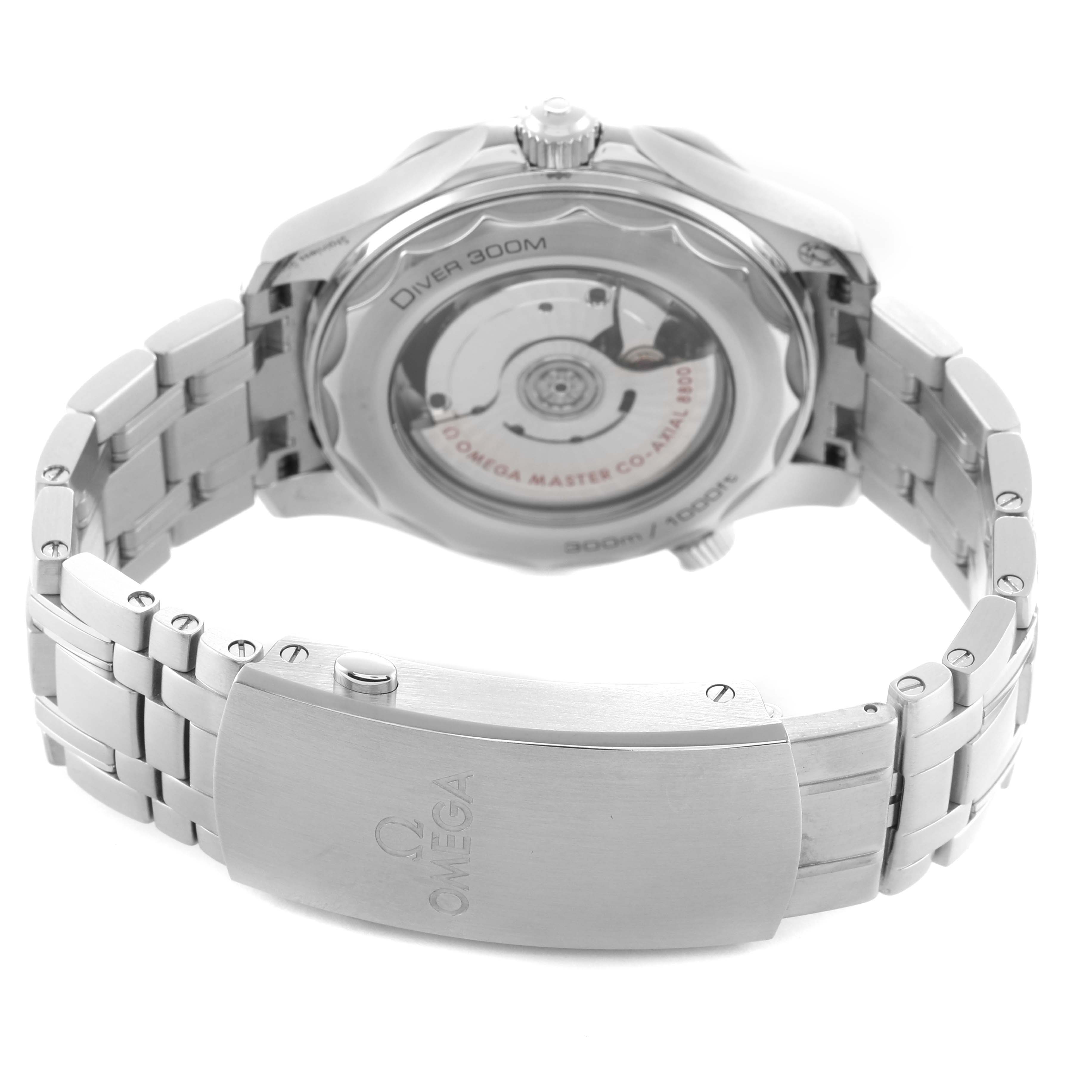 The image shows the back casing and clasp of an Omega Seamaster 210.30.42.20.06.001 Men's Stainless Steel Grey Dial, highlighting the movement through the transparent back.