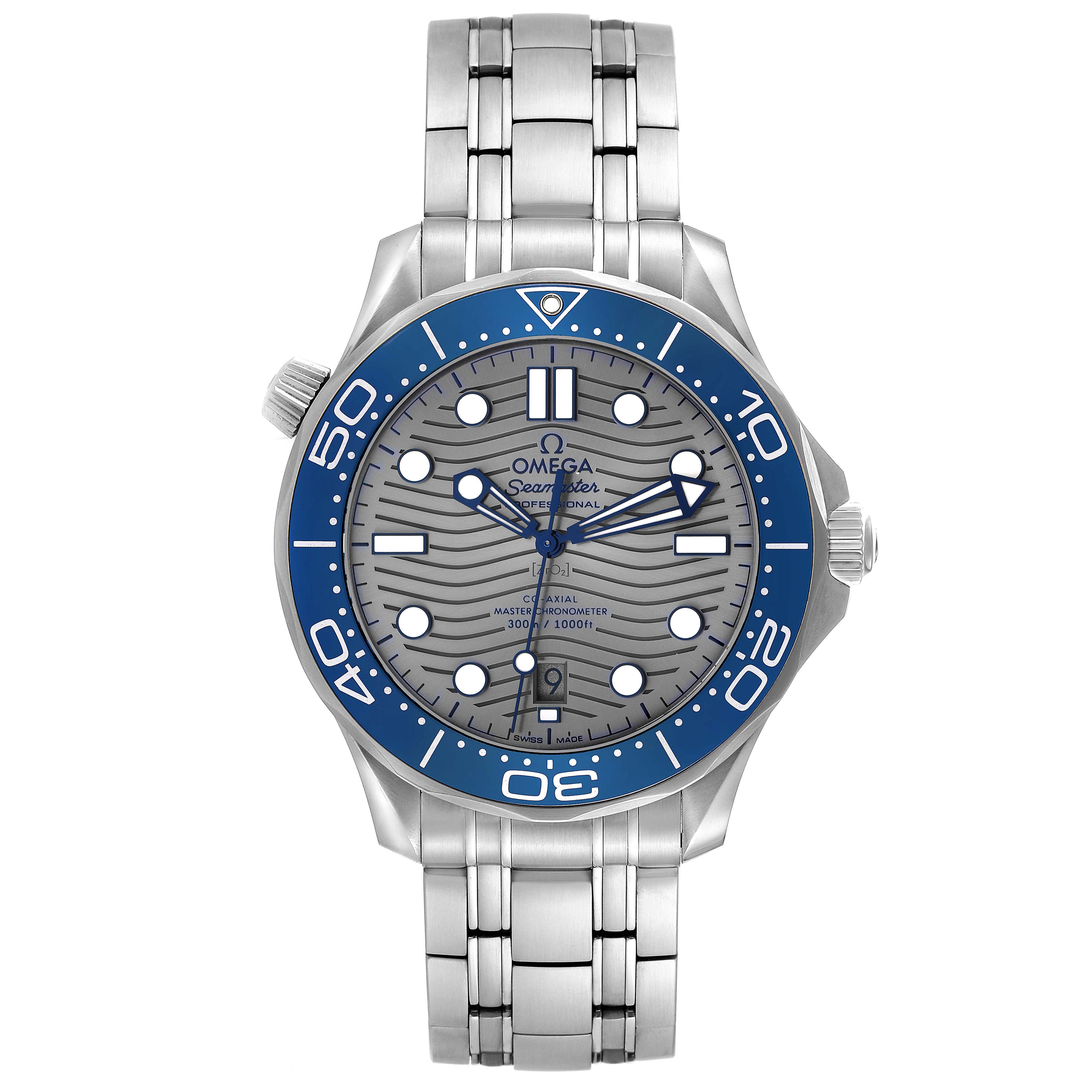 The Omega Seamaster 210.30.42.20.06.001 Men's Stainless Steel Grey Dial watch is shown from the front, displaying the dial, bezel, bracelet, and crown.