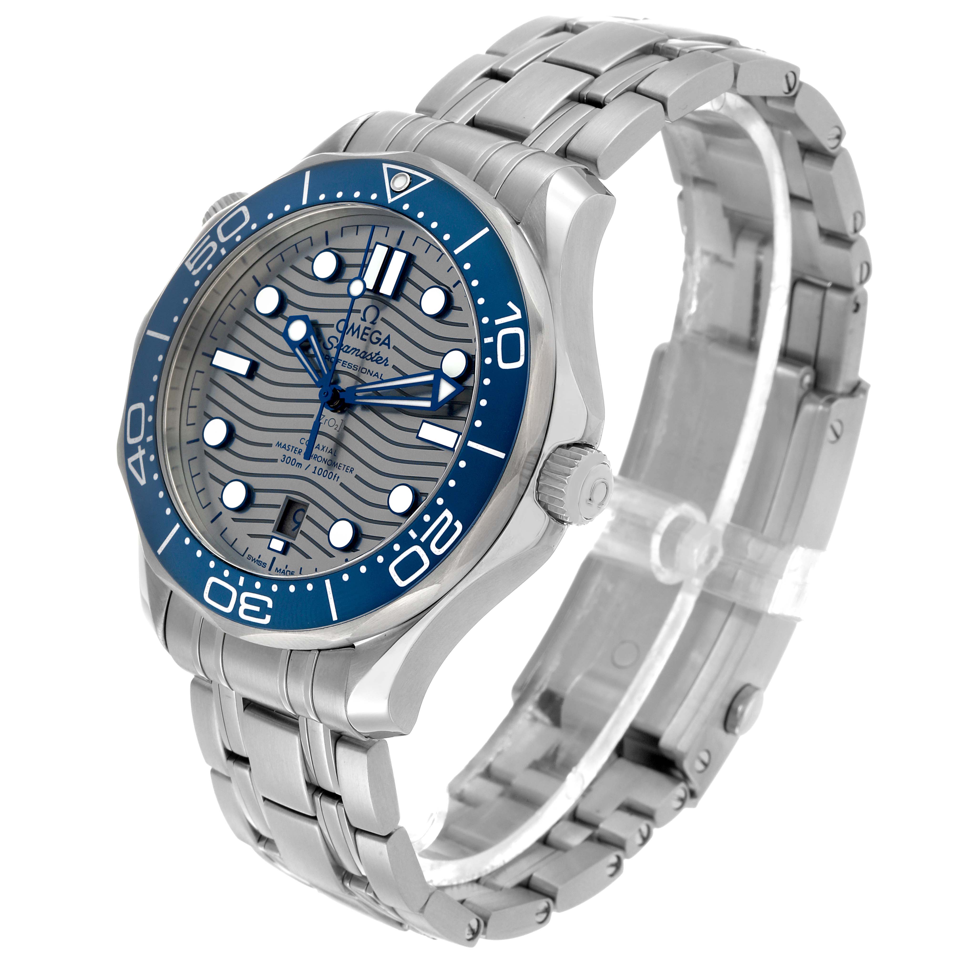 The Omega Seamaster 210.30.42.20.06.001 Men's Stainless Steel Grey Dial watch is shown at a three-quarter angle, highlighting the face, bezel, crown, and bracelet.