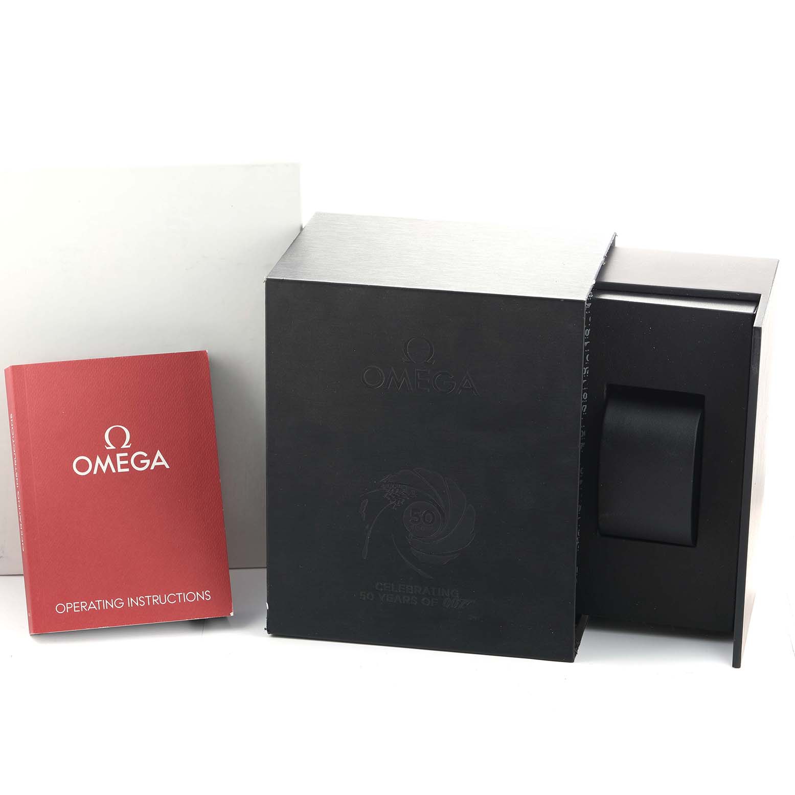 The image shows the Omega Seamaster 212.30.41.20.01.005 Men's Stainless Steel Black Dial's box and operating instructions, viewed from above.