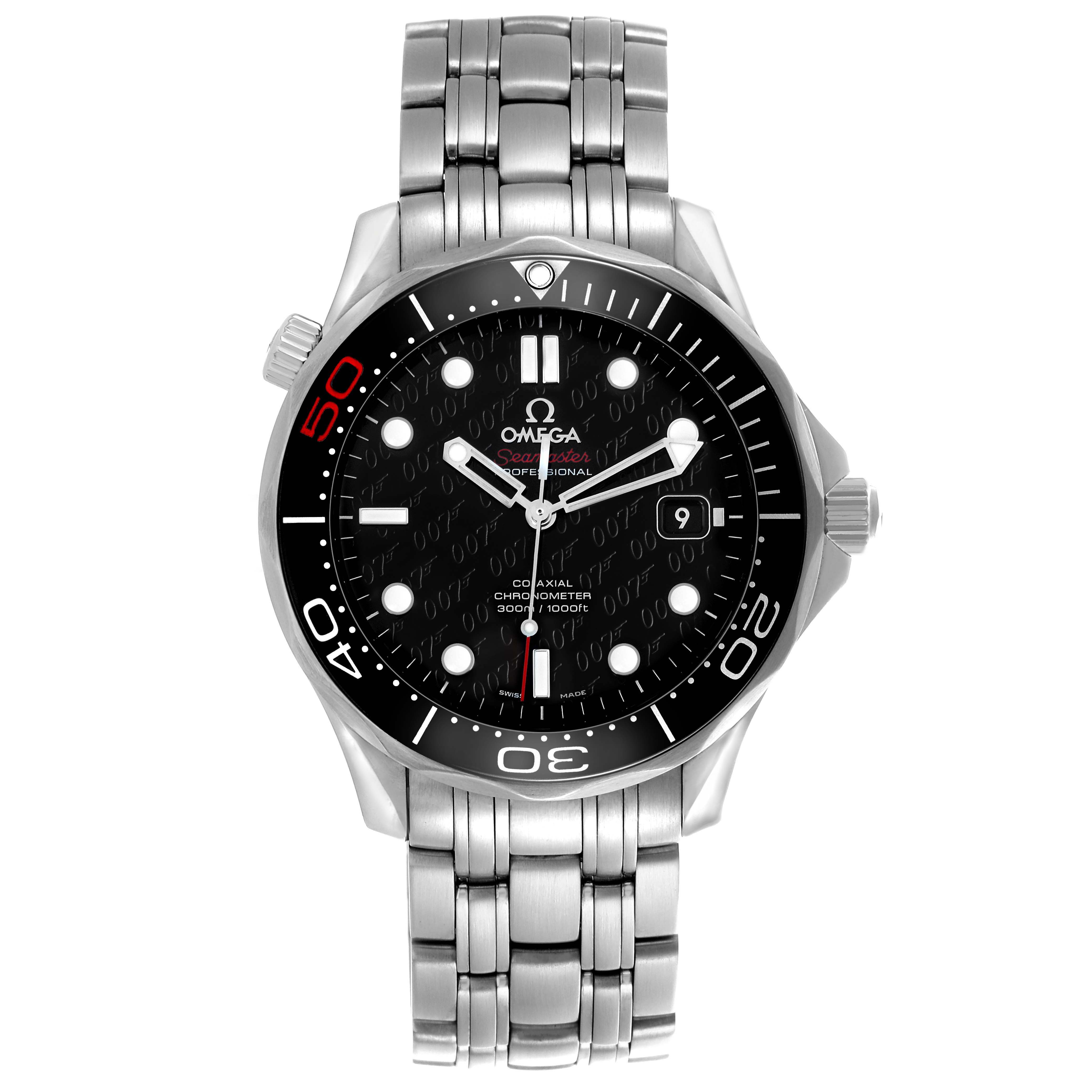 The Omega Seamaster 212.30.41.20.01.005 Men's Stainless Steel Black Dial watch is shown from a top-down angle, displaying the face, bezel, and bracelet.