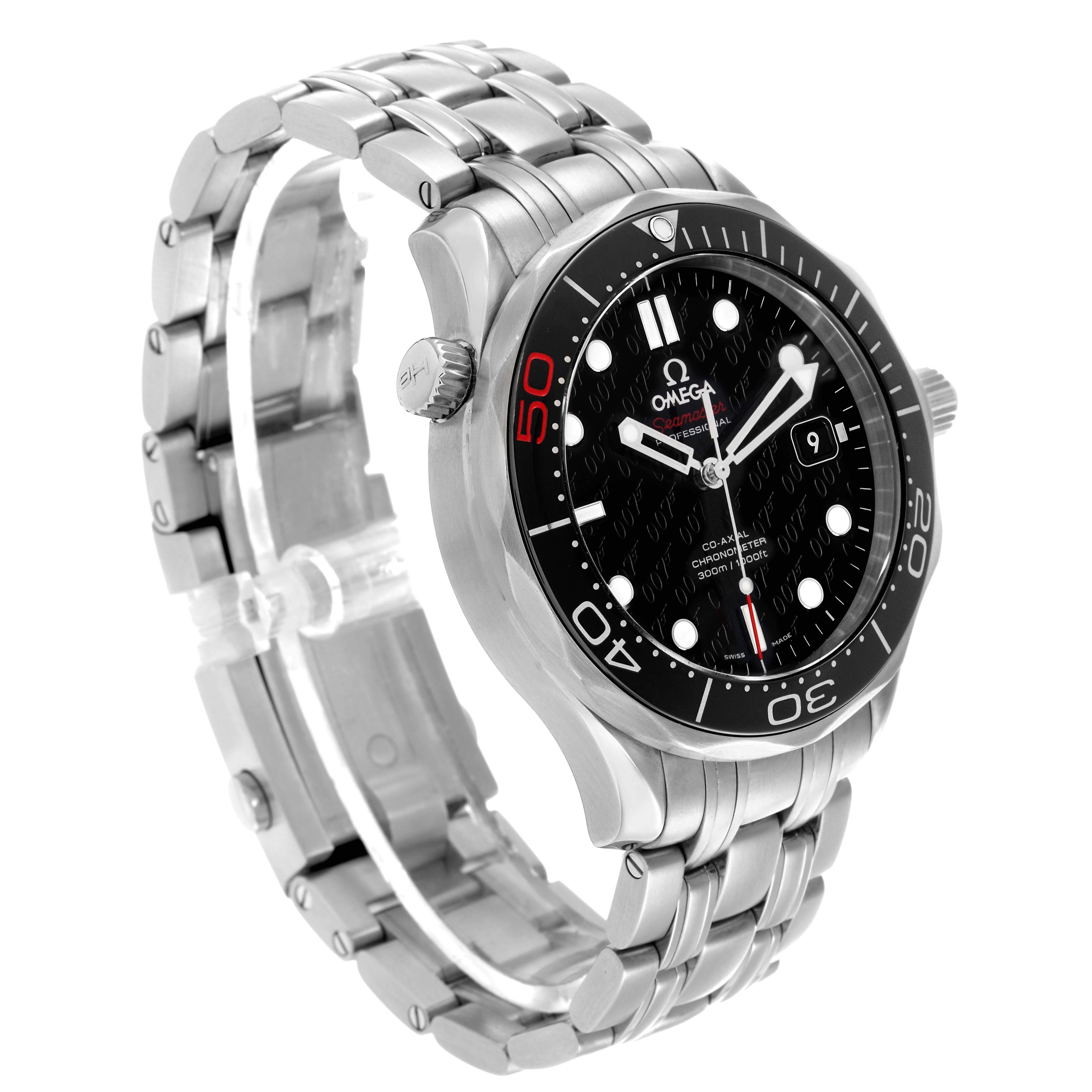 The Omega Seamaster 212.30.41.20.01.005 Men's Stainless Steel Black Dial watch is shown from an angled side view featuring the bezel, dial, crown, and metal bracelet.