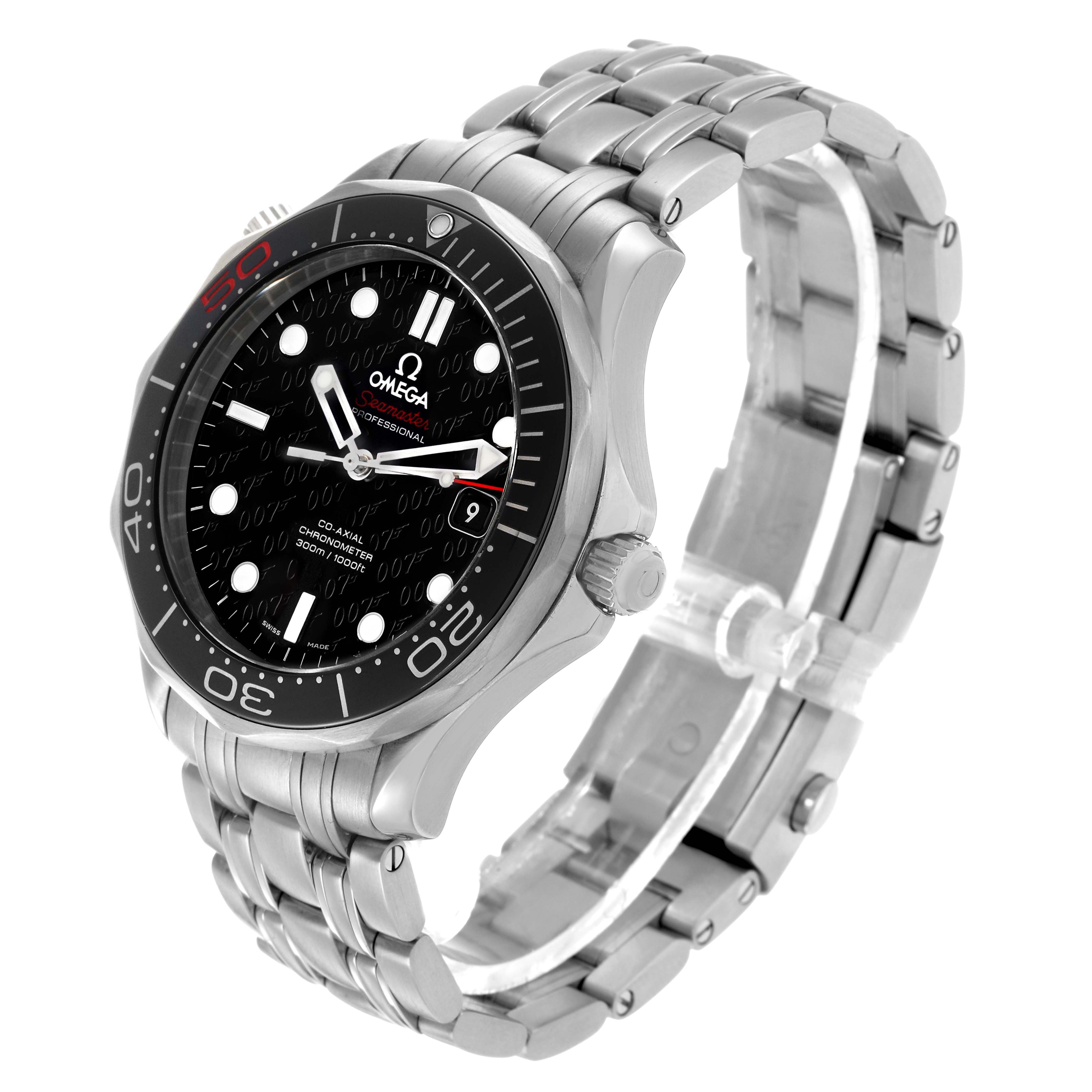 The Omega Seamaster 212.30.41.20.01.005 Men's Stainless Steel Black Dial watch is shown at a three-quarter angle, displaying its face, bezel, crown, and bracelet.