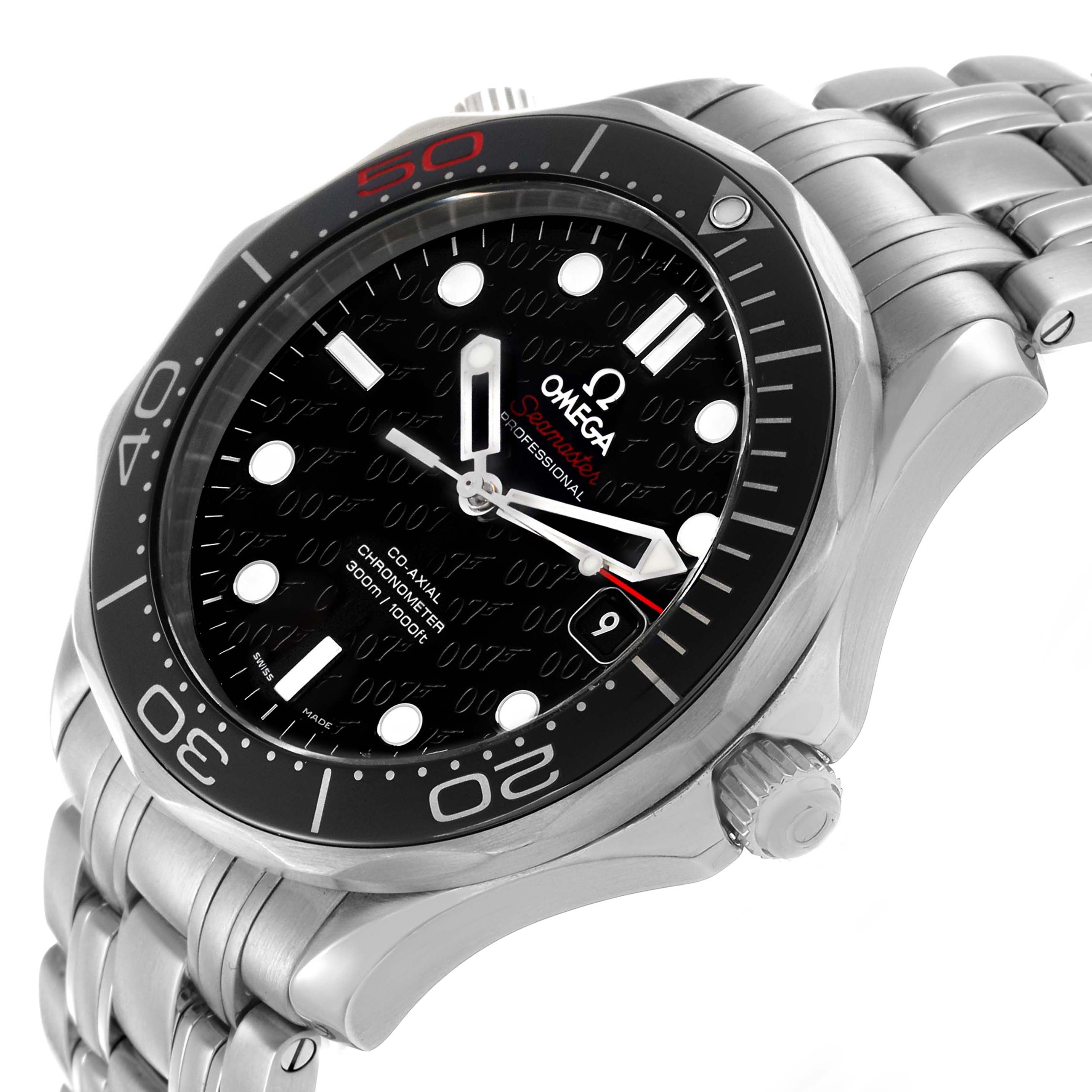 The Omega Seamaster 212.30.41.20.01.005 Men's Stainless Steel Black Dial watch is shown from a front angle, highlighting the dial, bezel, and bracelet.