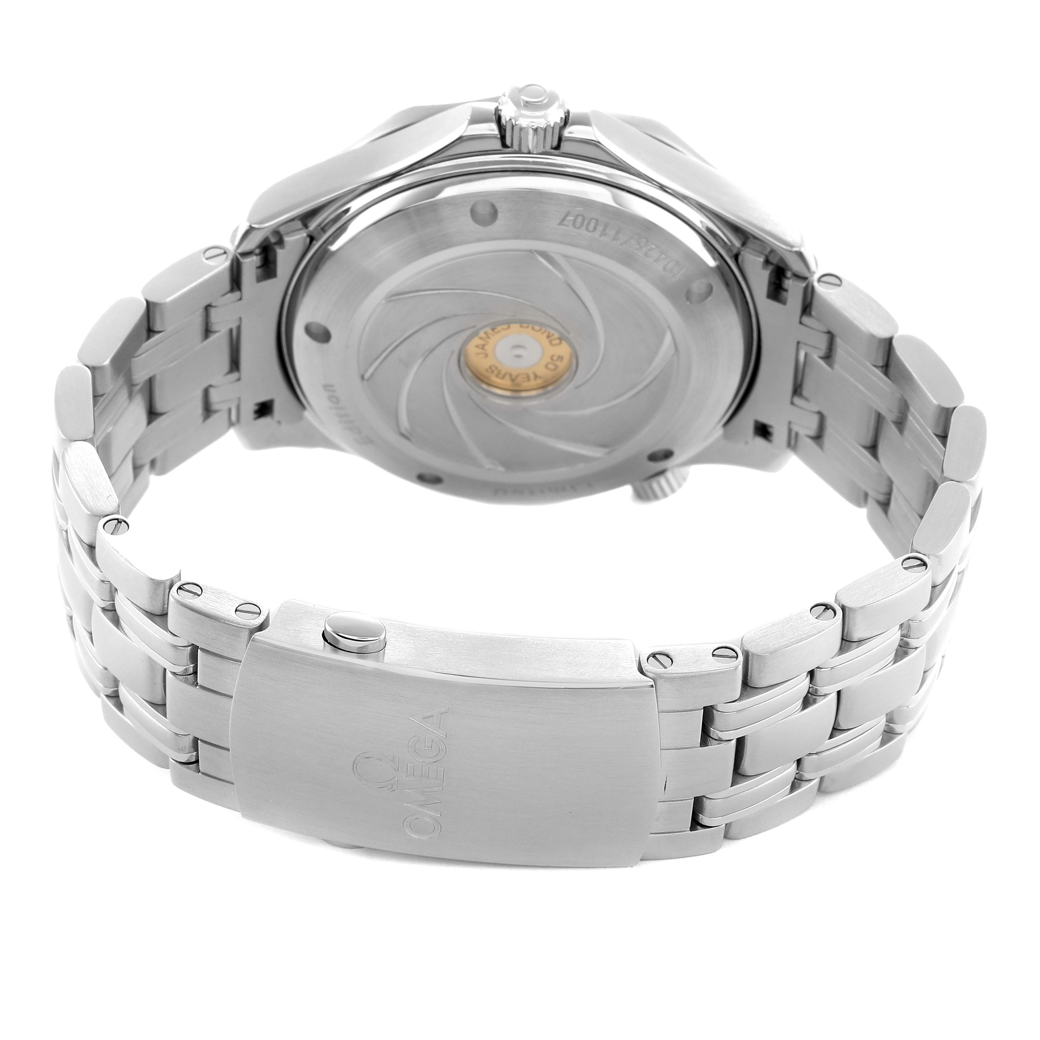 The image shows the back case and clasp of the Omega Seamaster 212.30.41.20.01.005 Men's Stainless Steel Black Dial watch, highlighting the bracelet and engraved logo.