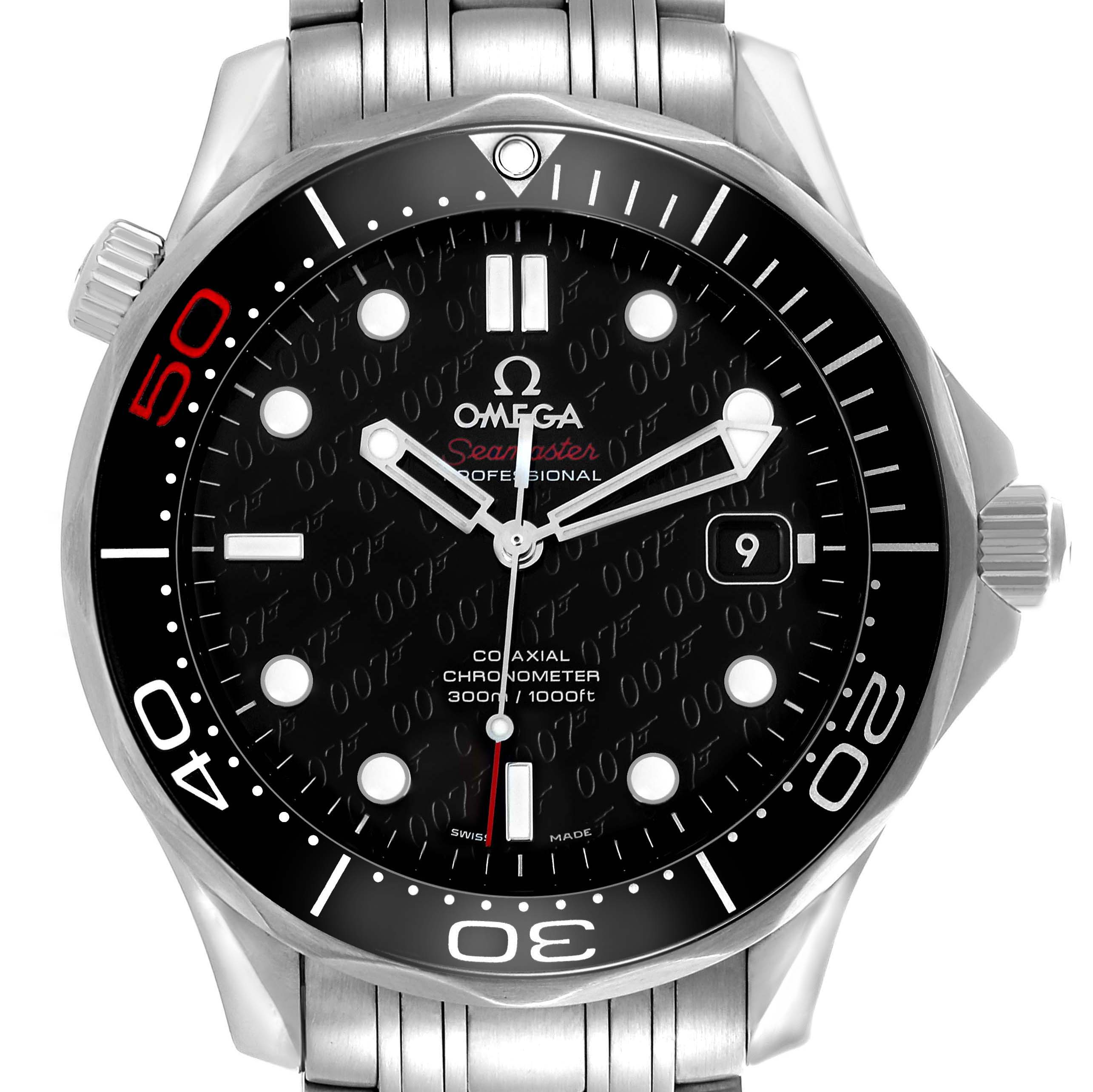 The Omega Seamaster 212.30.41.20.01.005 Men's Stainless Steel Black Dial is shown from a front view, highlighting the dial, bezel, and part of the bracelet.