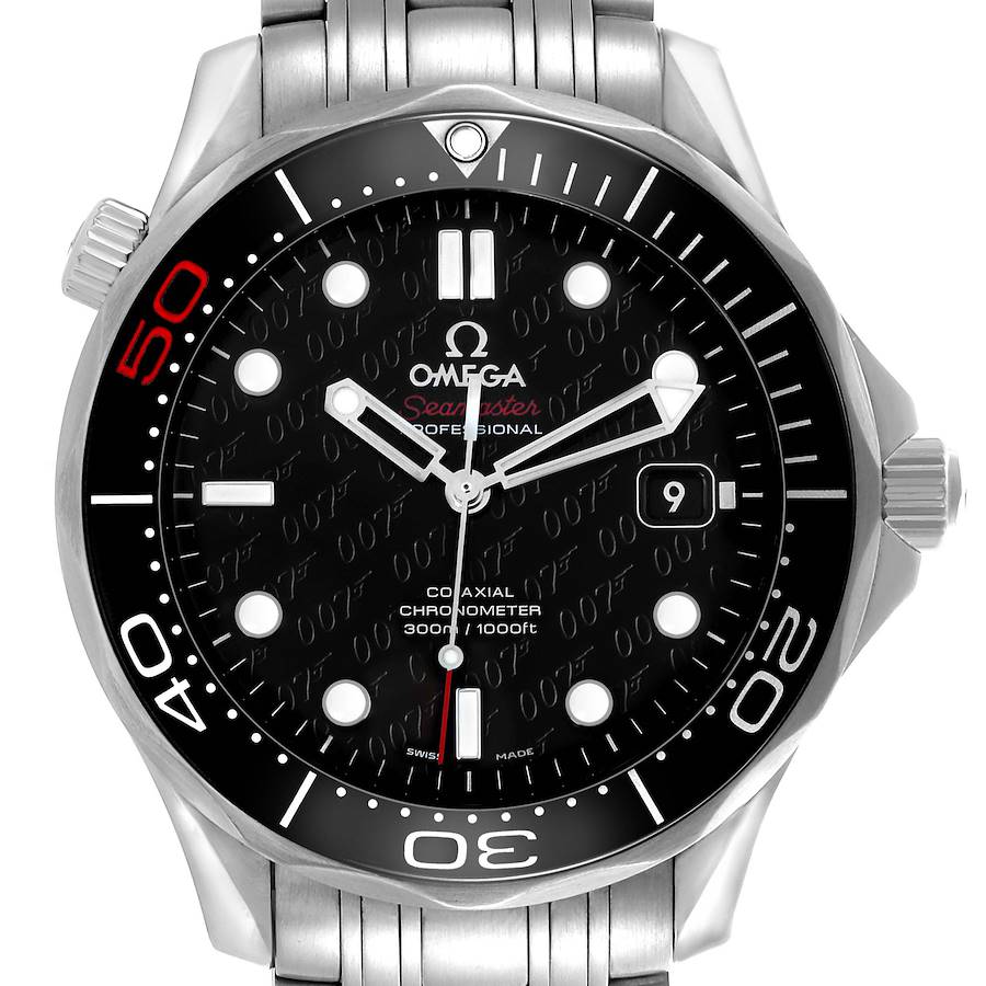 The Omega Seamaster 212.30.41.20.01.005 Men's Stainless Steel Black Dial is shown from a front view, highlighting the dial, bezel, and part of the bracelet.