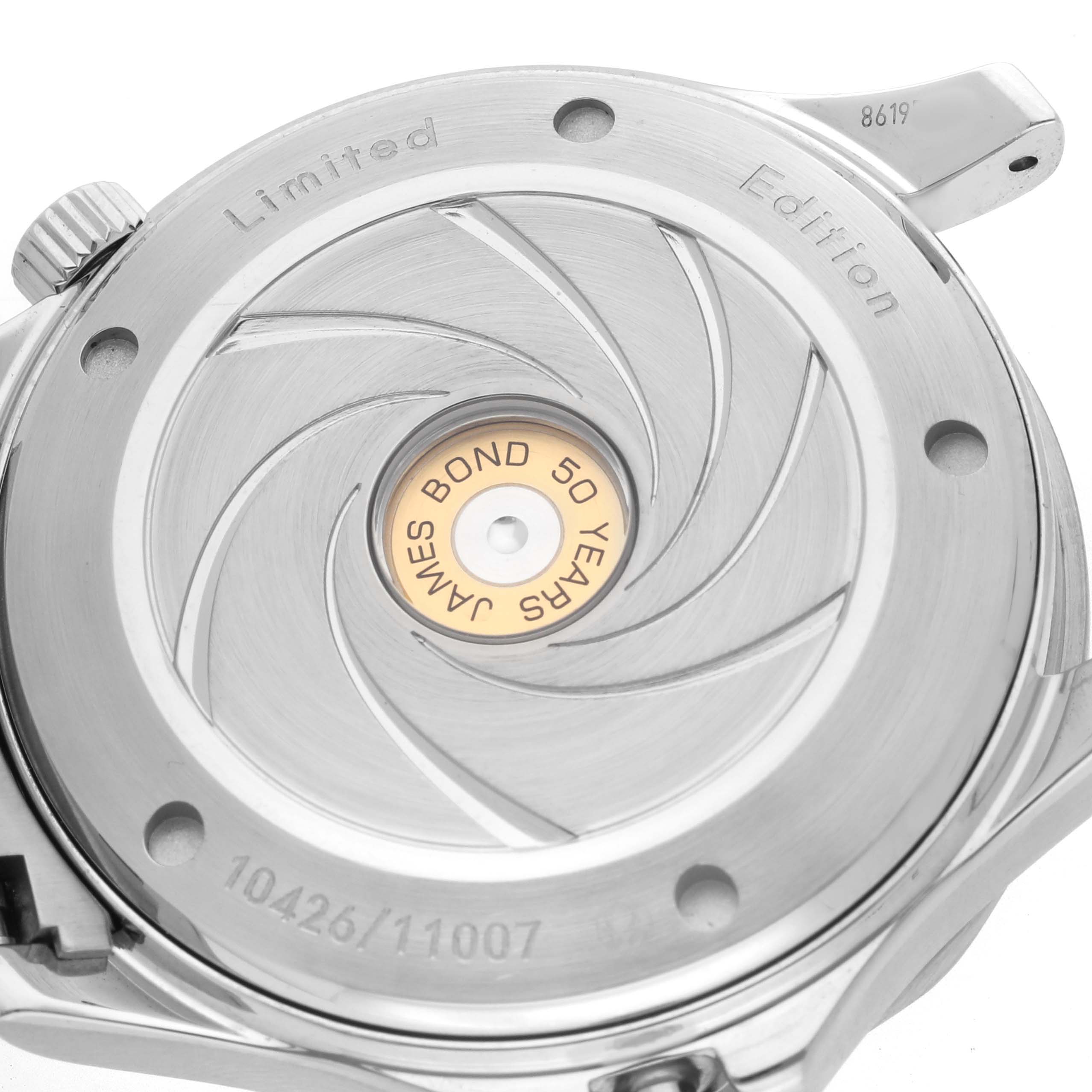 The image shows the back of the Omega Seamaster 212.30.41.20.01.005 Men's Stainless Steel Black Dial watch, revealing the limited edition "James Bond 50 Years" caseback design.