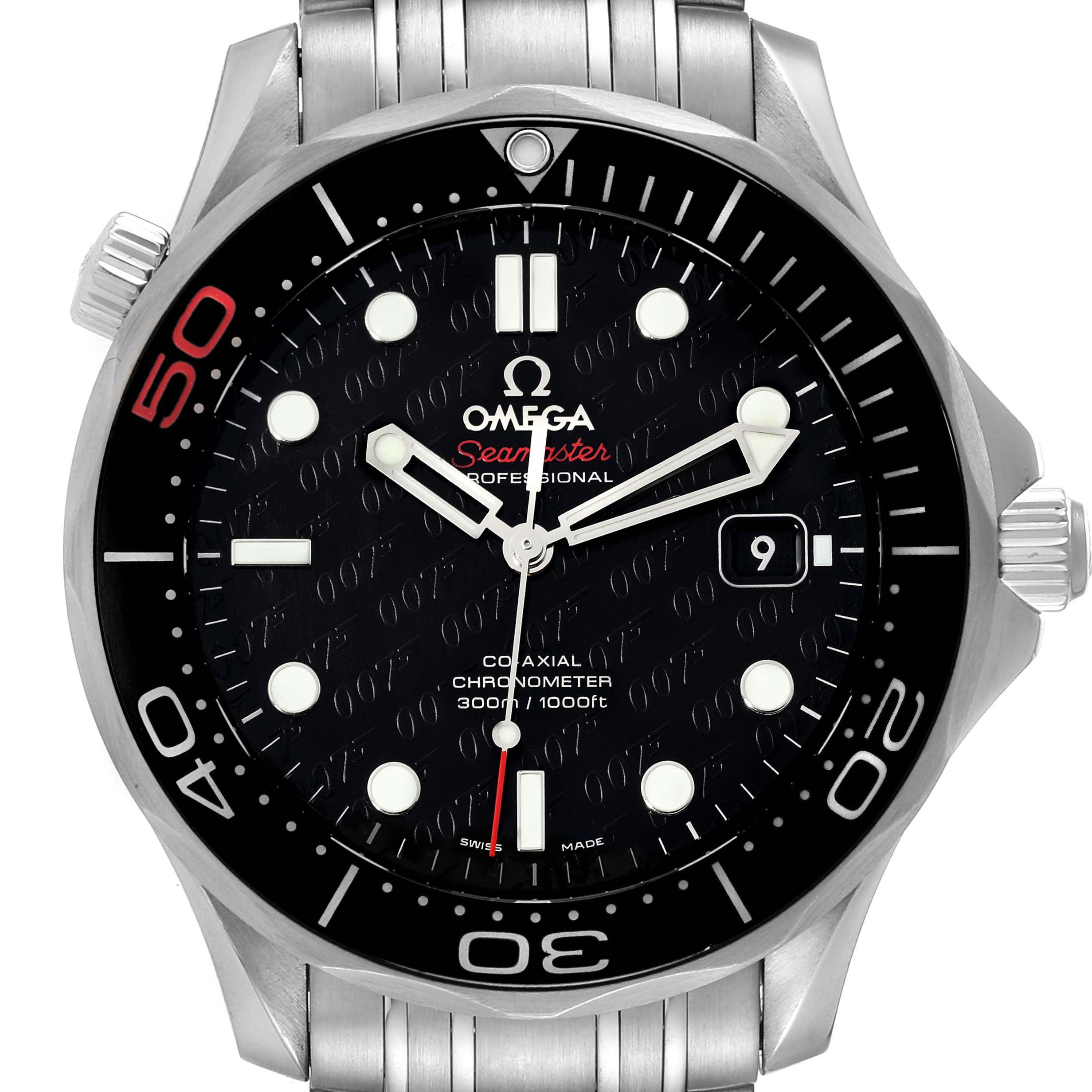 The image shows the dial and bezel of the Omega Seamaster 212.30.41.20.01.005 Men's Stainless Steel Black Dial 212.30.41.20.01.005 Men's Stainless Steel Black Dial Professional model, viewed from the front angle.