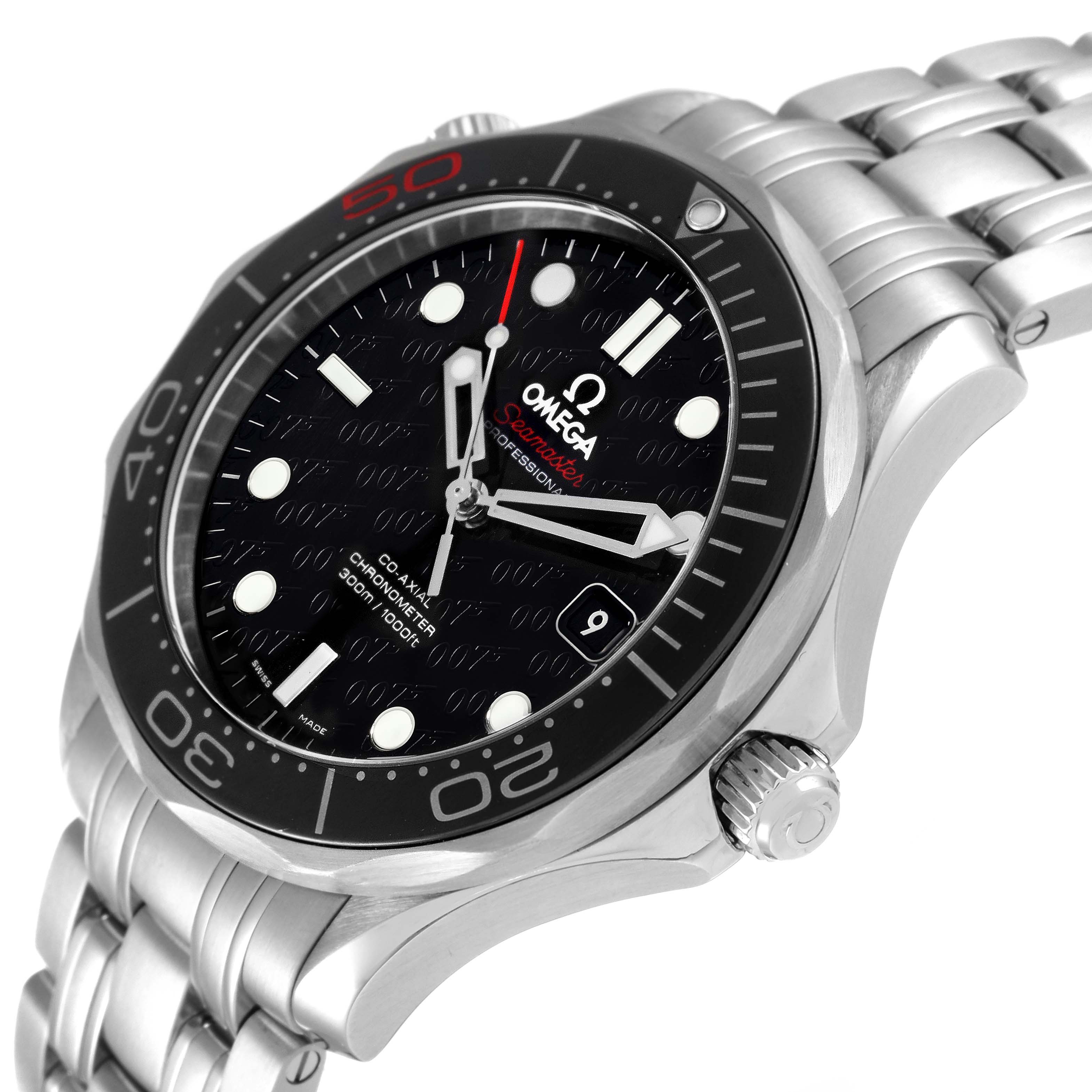 The Omega Seamaster 212.30.41.20.01.005 Men's Stainless Steel Black Dial 212.30.41.20.01.005 Men's Stainless Steel Black Dial watch is shown from an angled view, displaying the dial, bezel, crown, and bracelet.