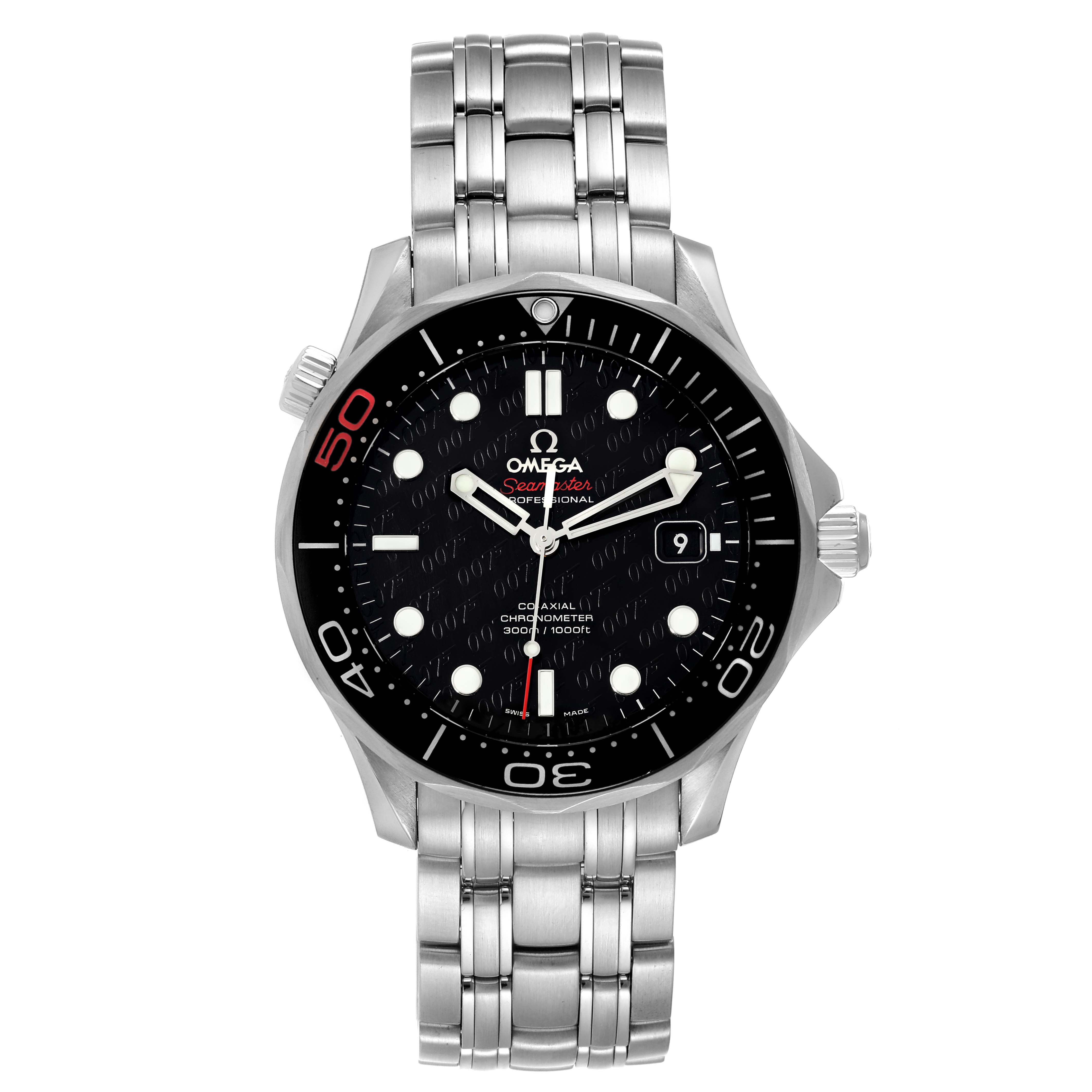 The image shows a frontal view of the Omega Seamaster 212.30.41.20.01.005 Men's Stainless Steel Black Dial 212.30.41.20.01.005 Men's Stainless Steel Black Dial watch, displaying its face, bezel, and metal bracelet.