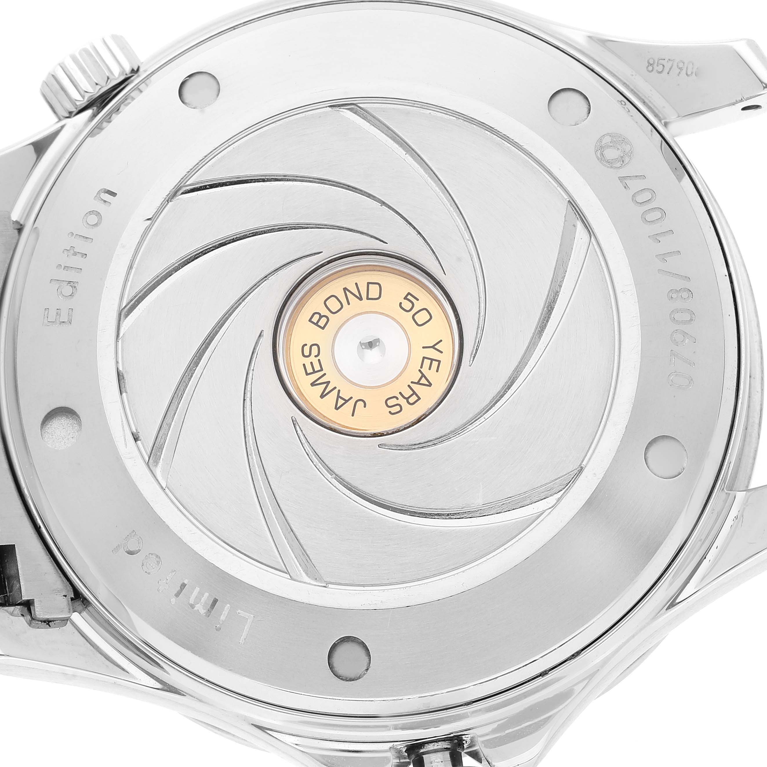 The image shows the back of an Omega Seamaster 212.30.41.20.01.005 Men's Stainless Steel Black Dial 212.30.41.20.01.005 Men's Stainless Steel Black Dial watch, highlighting the engraved James Bond 50 years special edition marking.