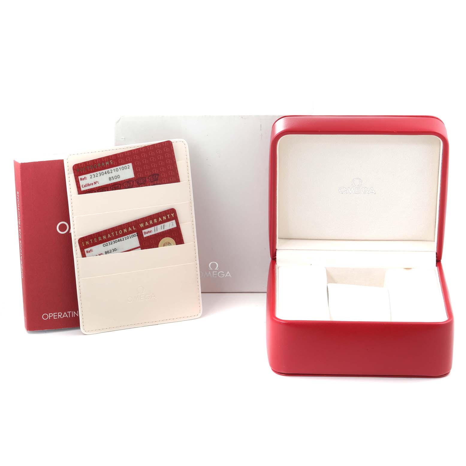 The image shows the Omega Planet Ocean 232.30.46.21.01.002 Men's Stainless Steel Black Dial 232.30.46.21.01.002 Men's Stainless Steel Black Dial watch packaging, including a red box, warranty cards, and an operating manual.