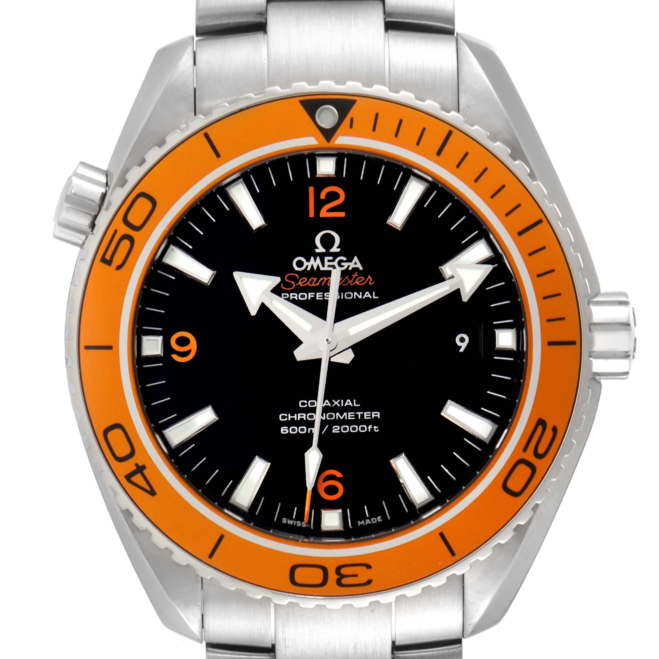 The image shows a front view of the Omega Planet Ocean 232.30.46.21.01.002 Men's Stainless Steel Black Dial 232.30.46.21.01.002 Men's Stainless Steel Black Dial Seamaster Professional watch with an orange bezel and stainless steel bracelet.