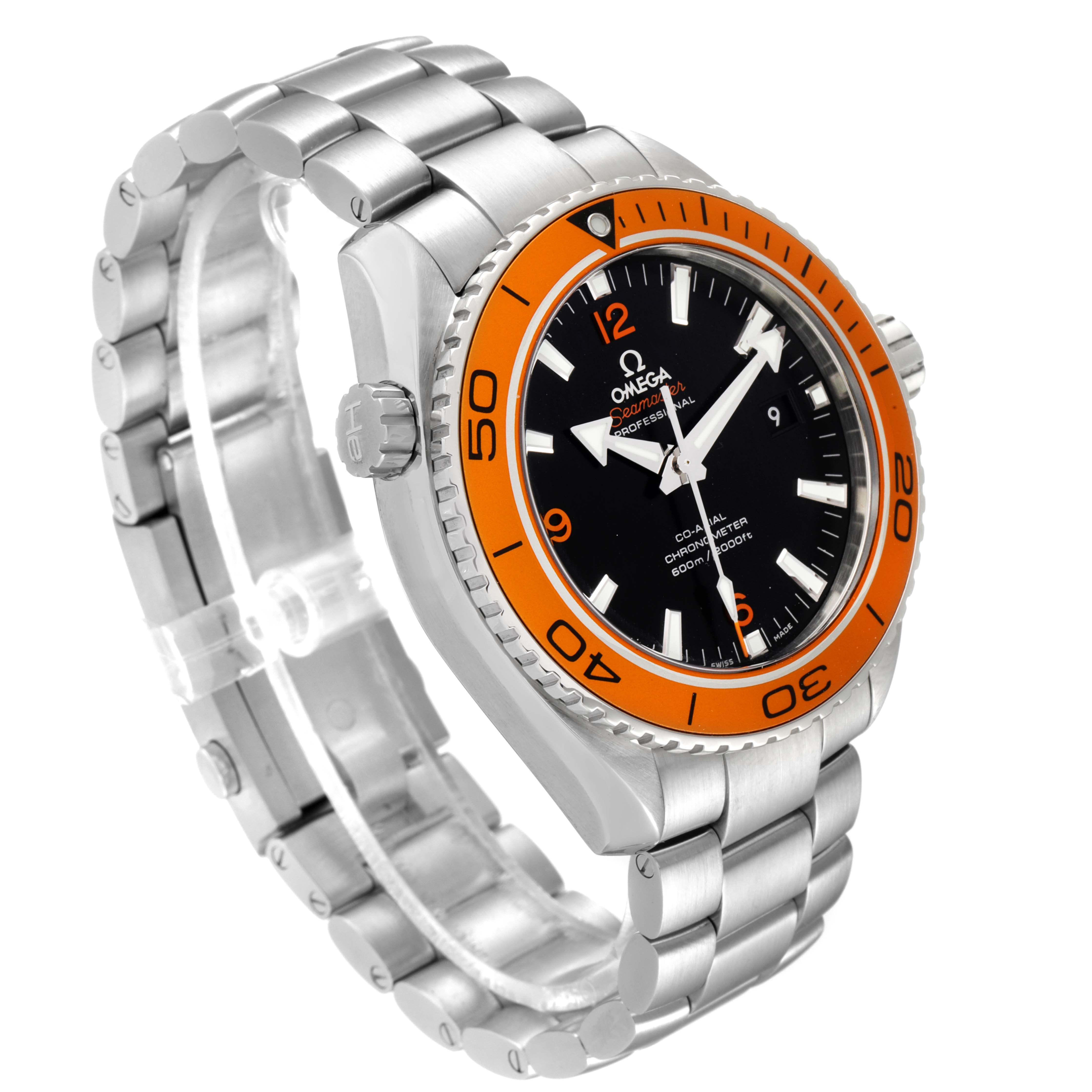 The image shows an angled view of the Omega Planet Ocean 232.30.46.21.01.002 Men's Stainless Steel Black Dial 232.30.46.21.01.002 Men's Stainless Steel Black Dial watch, highlighting its orange bezel, crown, and stainless steel bracelet.