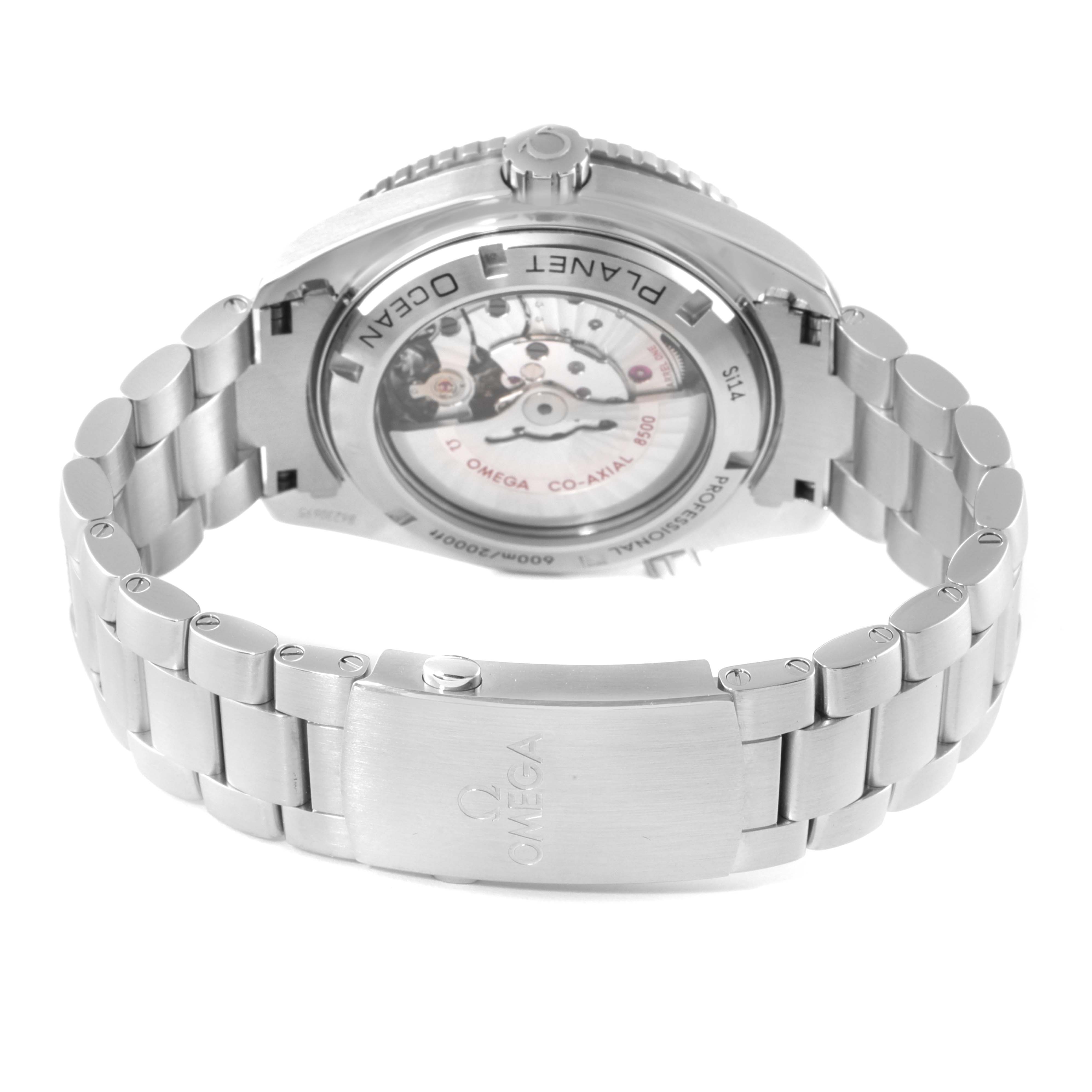 The image shows the back and bracelet of the Omega Planet Ocean 232.30.46.21.01.002 Men's Stainless Steel Black Dial 232.30.46.21.01.002 Men's Stainless Steel Black Dial watch, highlighting the transparent case back and clasp.