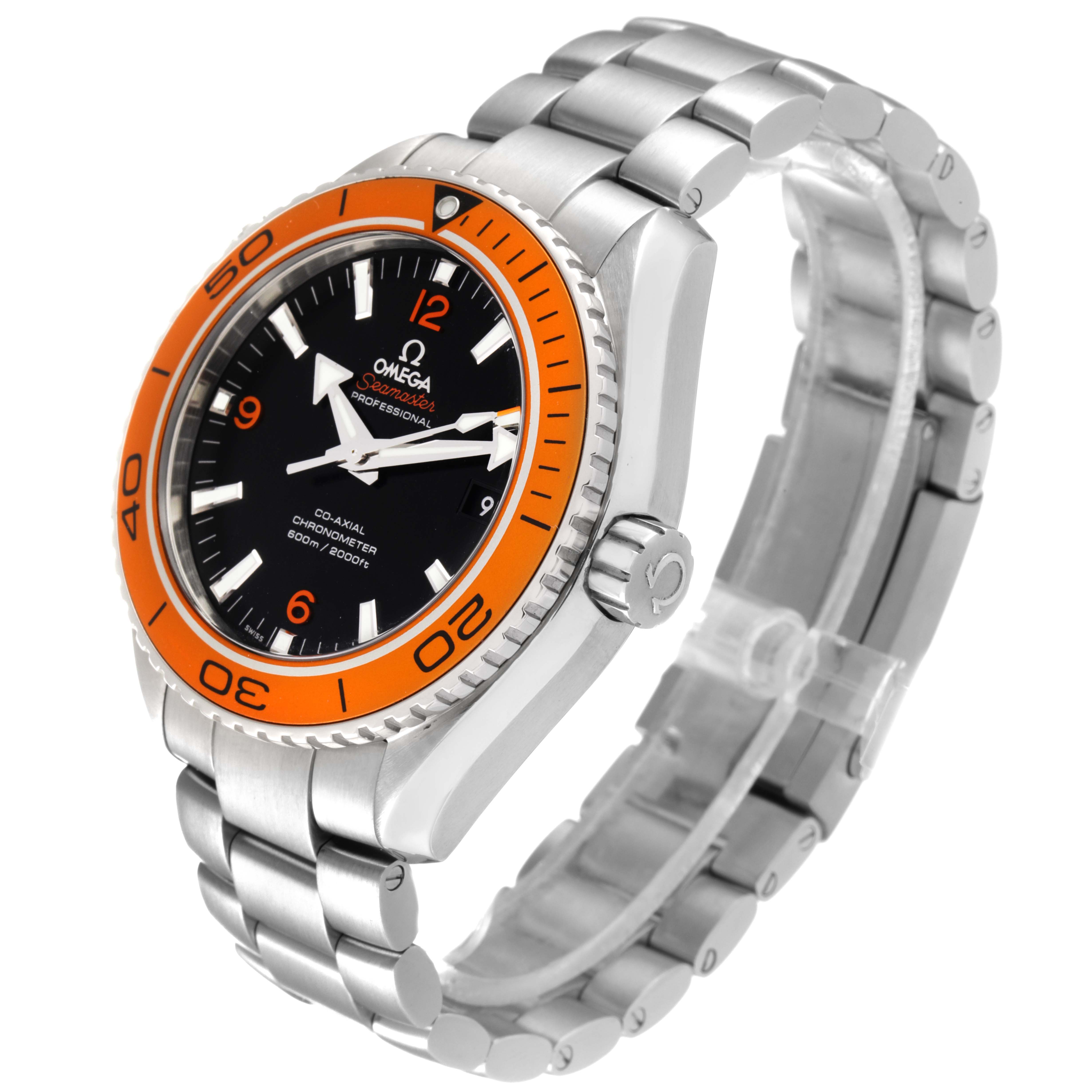 The Omega Planet Ocean 232.30.46.21.01.002 Men's Stainless Steel Black Dial 232.30.46.21.01.002 Men's Stainless Steel Black Dial watch is displayed at an oblique angle showcasing its dial, orange bezel, and stainless steel bracelet.