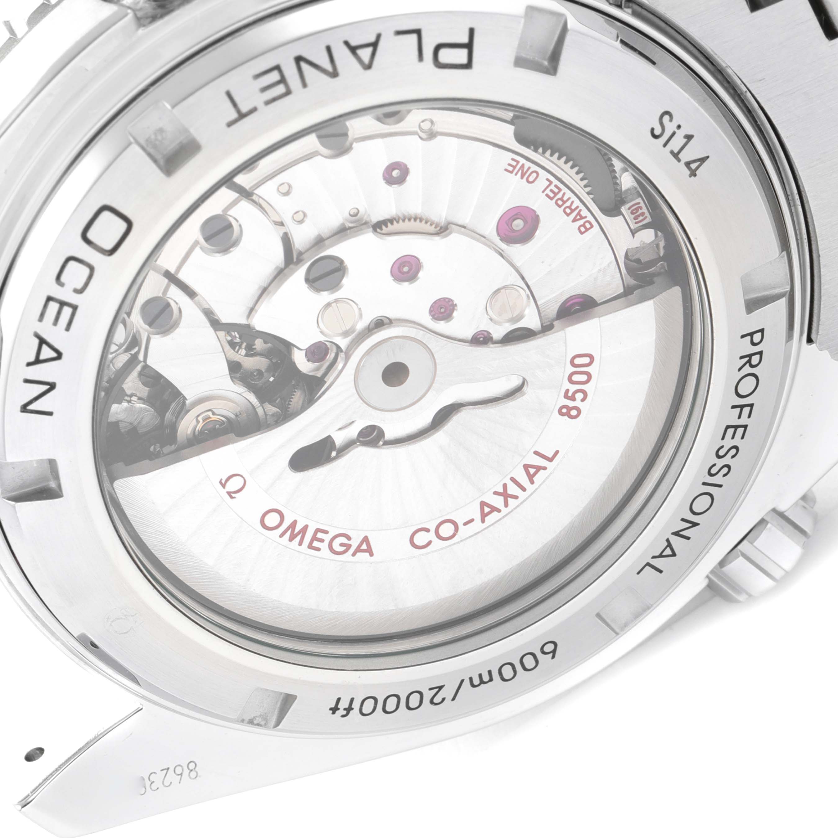 The image shows the back view of the Omega Planet Ocean 232.30.46.21.01.002 Men's Stainless Steel Black Dial 232.30.46.21.01.002 Men's Stainless Steel Black Dial watch, highlighting the Co-Axial movement and inner mechanics.