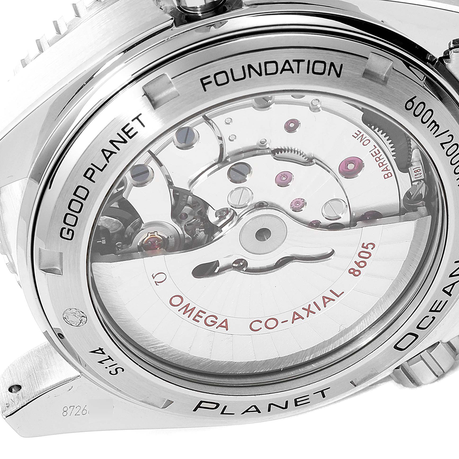 This image shows the back case and internal mechanical components of the Omega Planet Ocean 232.30.44.22.03.001 Men
s Stainless Steel Blue Dial 232.30.44.22.03.001 Men
s Stainless Steel Blue Dial model watch.