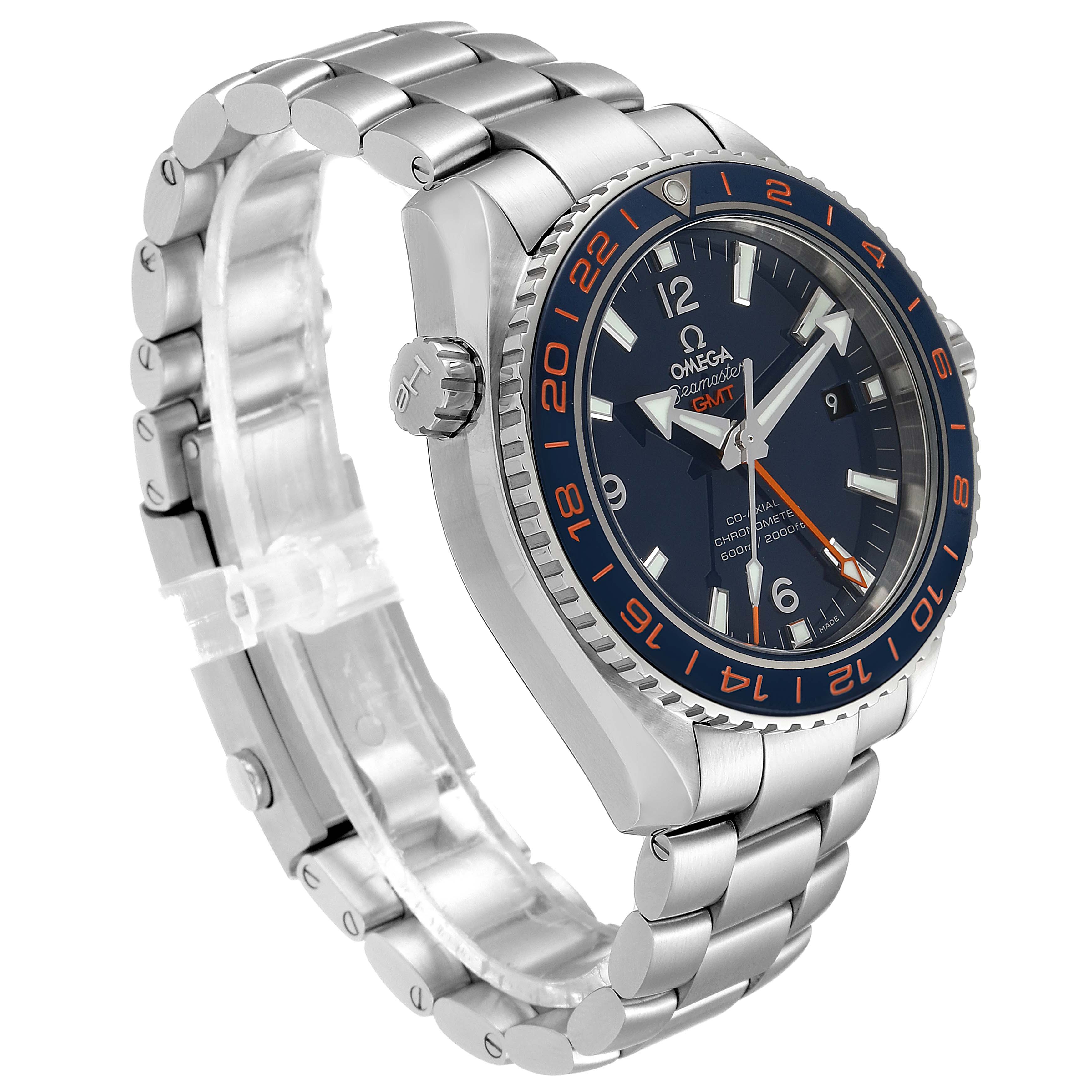 The image shows a side angle of the Omega Planet Ocean 232.30.44.22.03.001 Men
s Stainless Steel Blue Dial 232.30.44.22.03.001 Men
s Stainless Steel Blue Dial watch, highlighting the dial, bezel, crown, and bracelet.