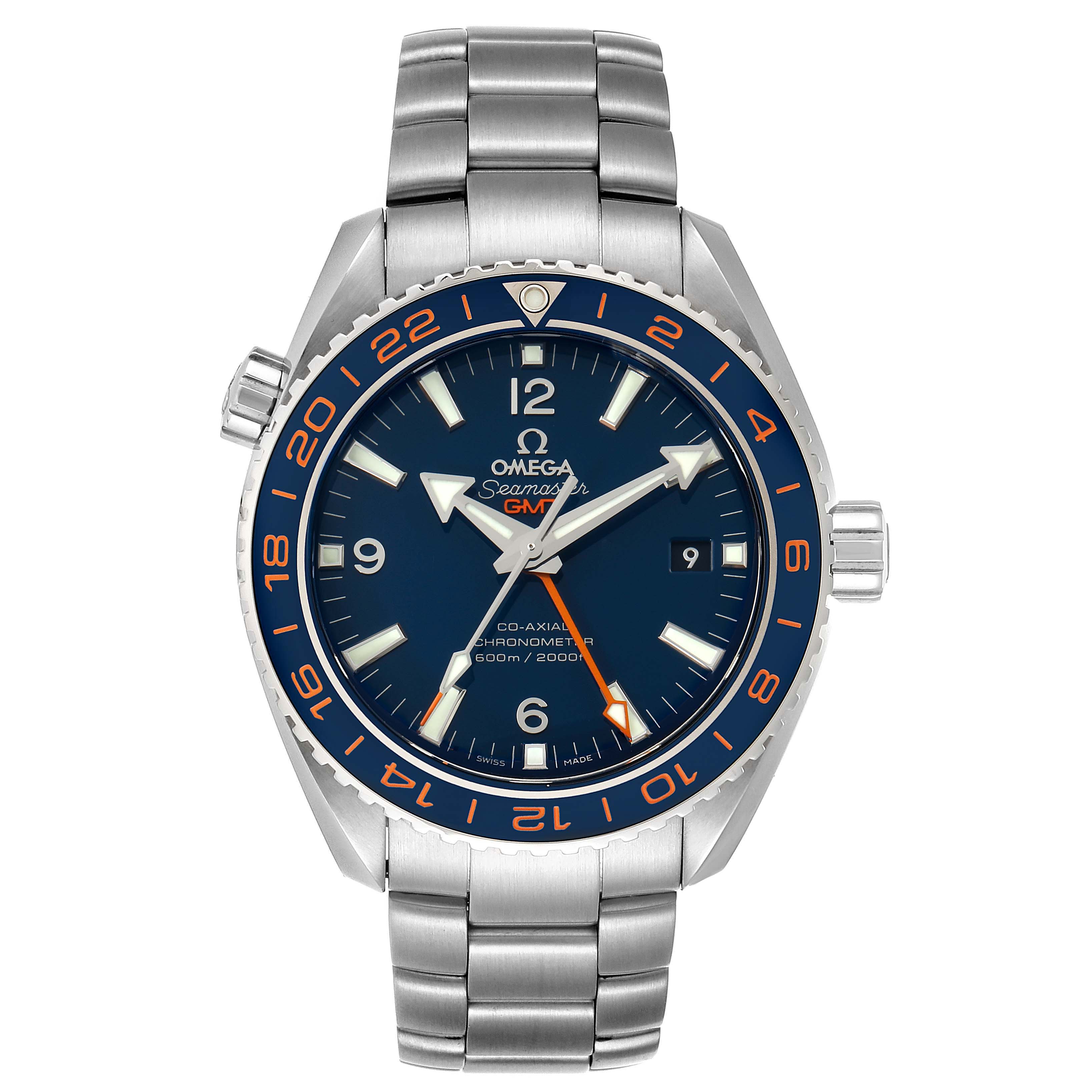 The image shows a front view of the Omega Planet Ocean 232.30.44.22.03.001 Men
s Stainless Steel Blue Dial 232.30.44.22.03.001 Men
s Stainless Steel Blue Dial model watch, displaying the face, bezel, and bracelet.