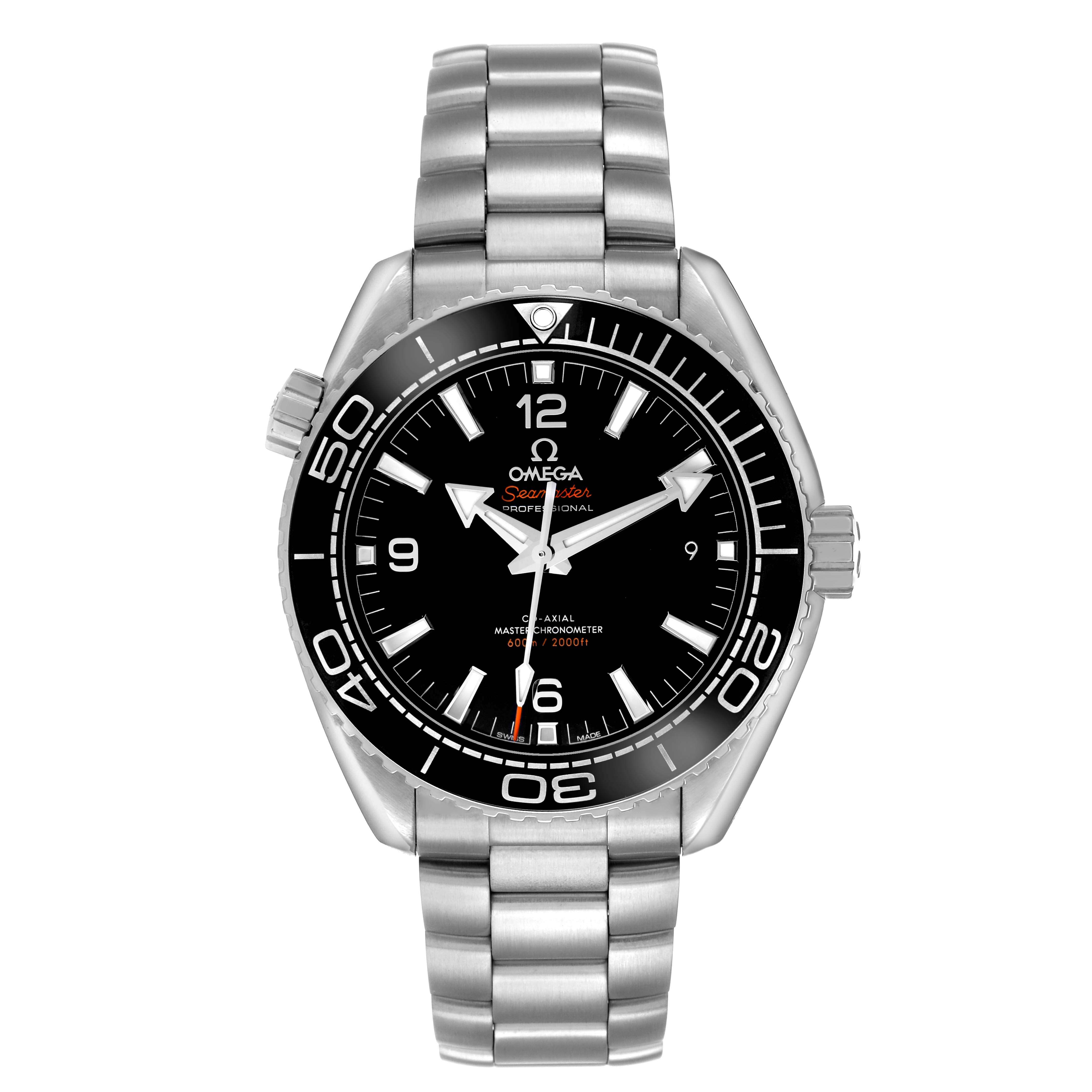 The Omega Planet Ocean 215.30.44.21.01.001 Men's Stainless Steel Black Dial watch is shown from the front, displaying its dial, bezel, and bracelet.